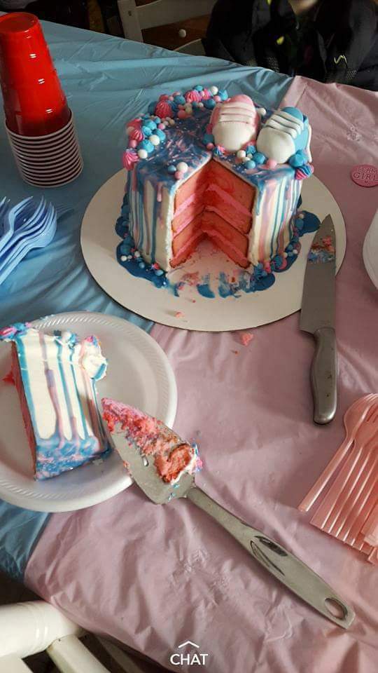Custom pink and blue cake with a slice taken out of it. Made by Nan's Nummies