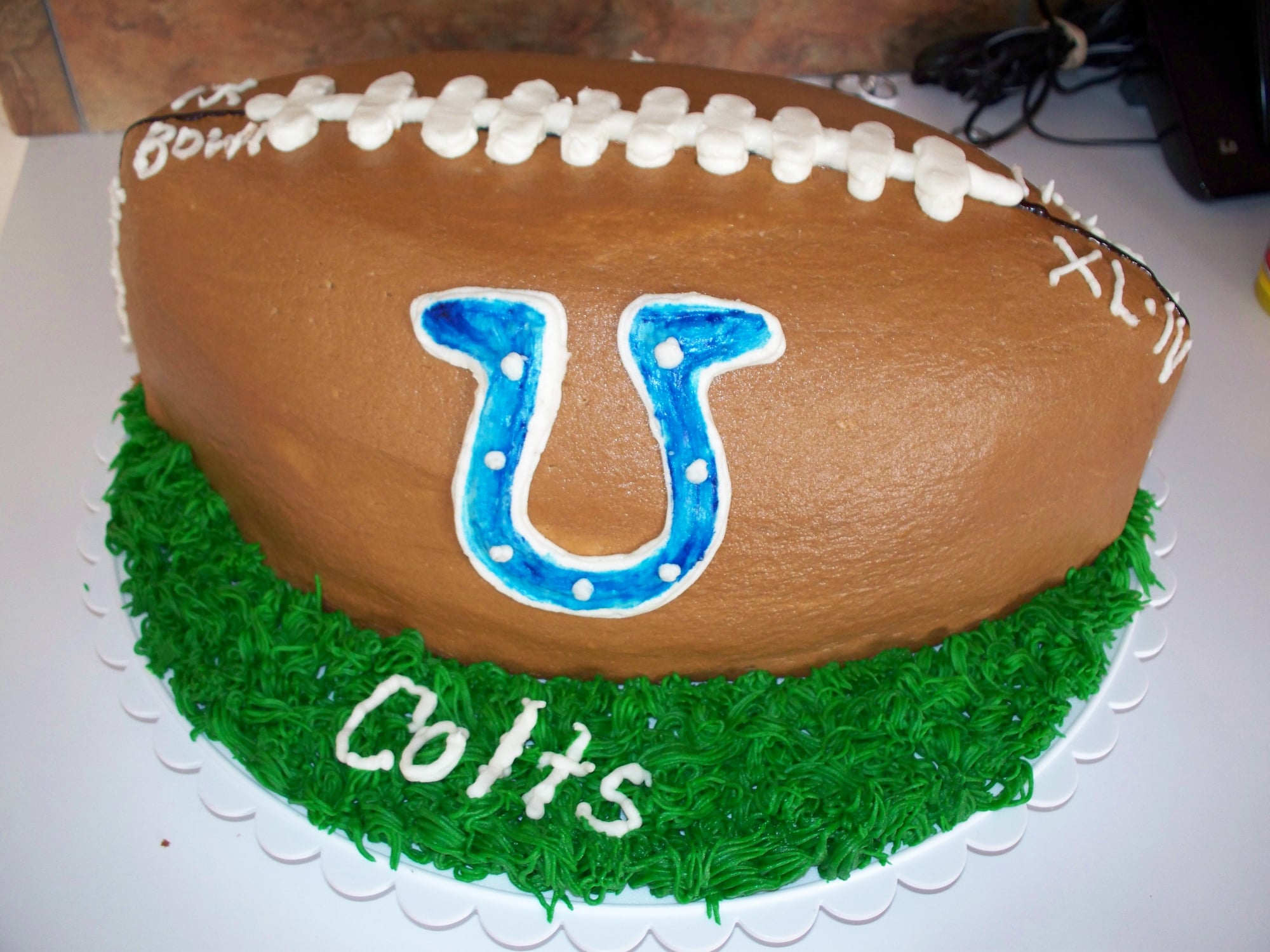 Custom indianapolis colts football cake. Made by Nan's Nummies