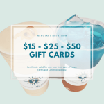 A drink and a gift card with the words $15 - 25 - 50 gift cards.