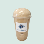A cup of iced coffee with a logo on it.