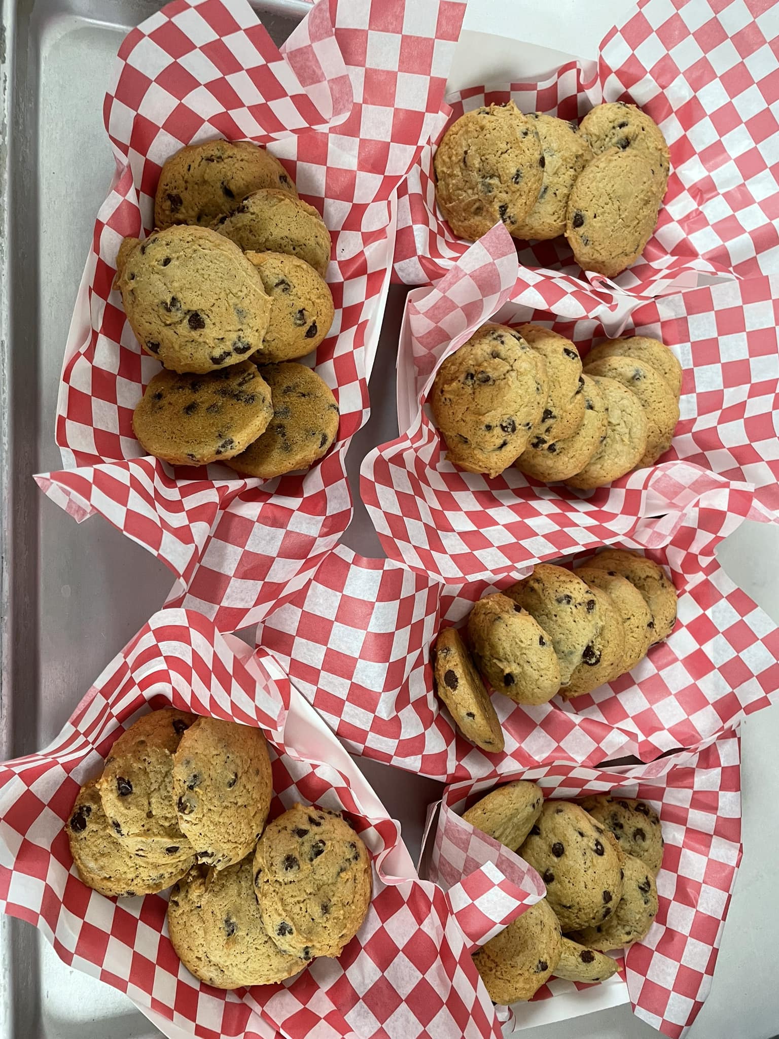 Chocolate chip cookies on a tray.