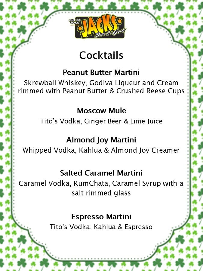 St patrick's day cocktail menu.