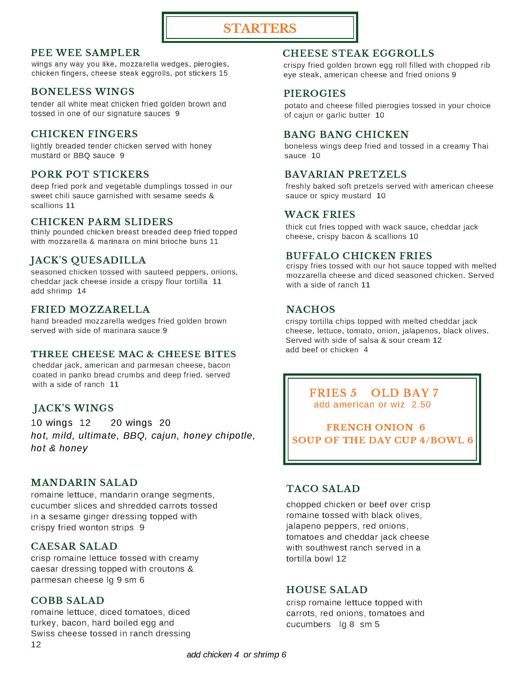 A menu for a restaurant with green and white colors.