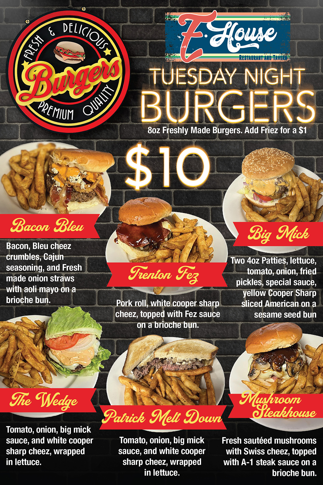 A flyer for tuesday night burgers.