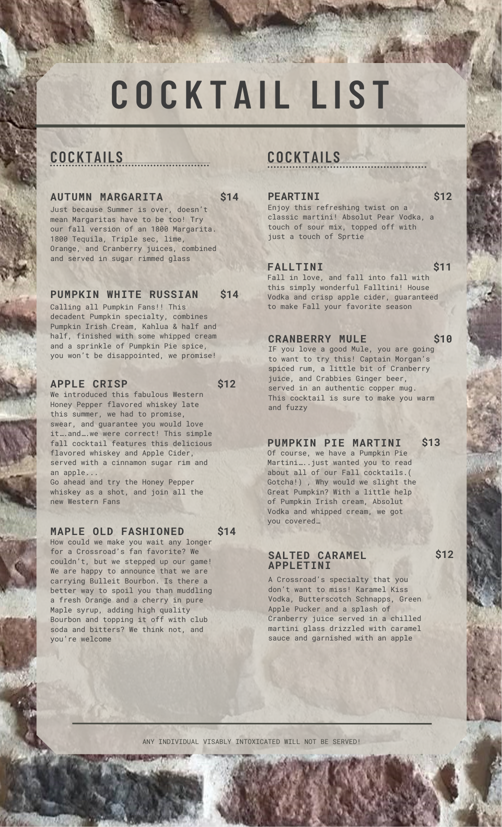A cocktail menu on a stone wall.