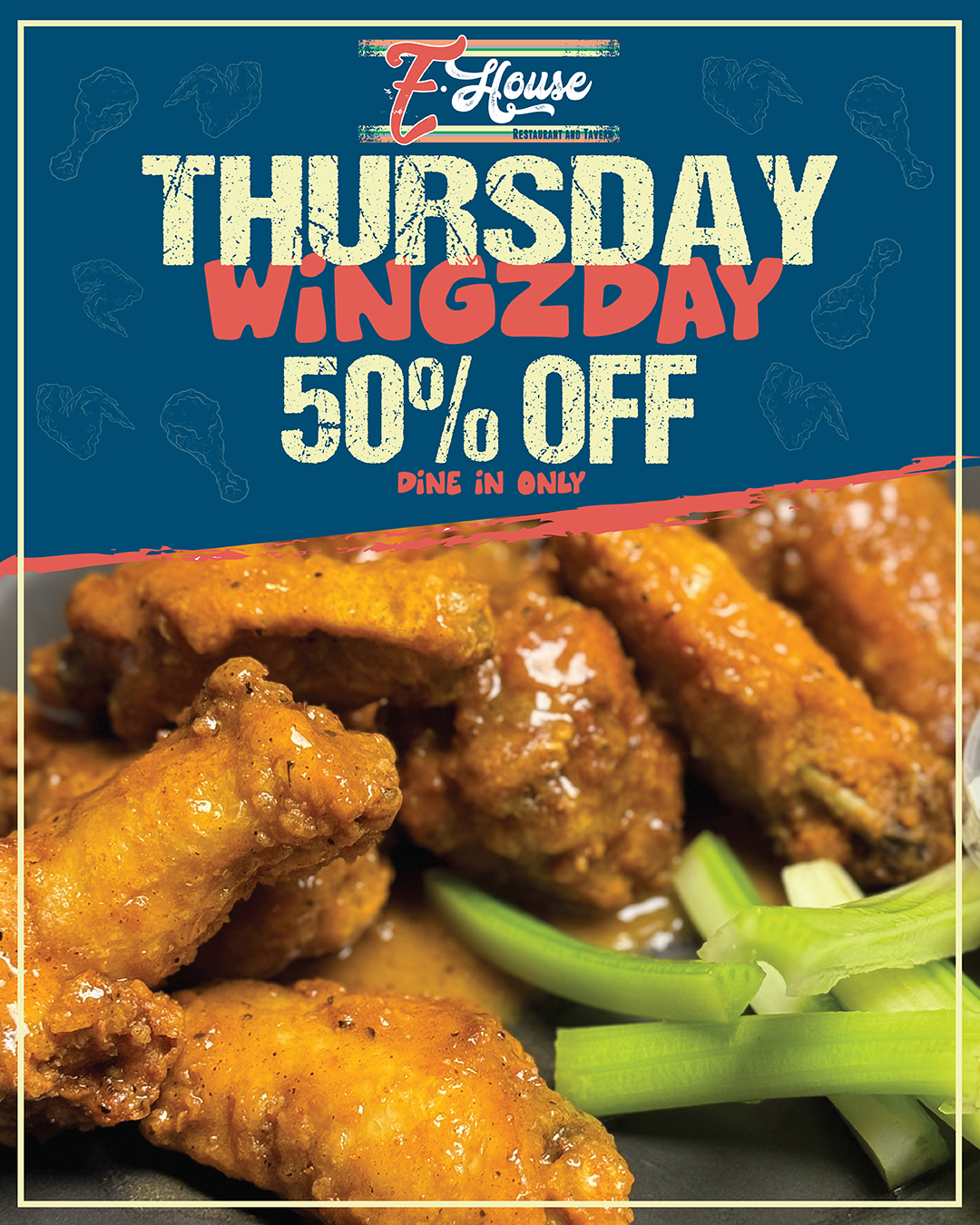 Thursday wing day 50 % off.