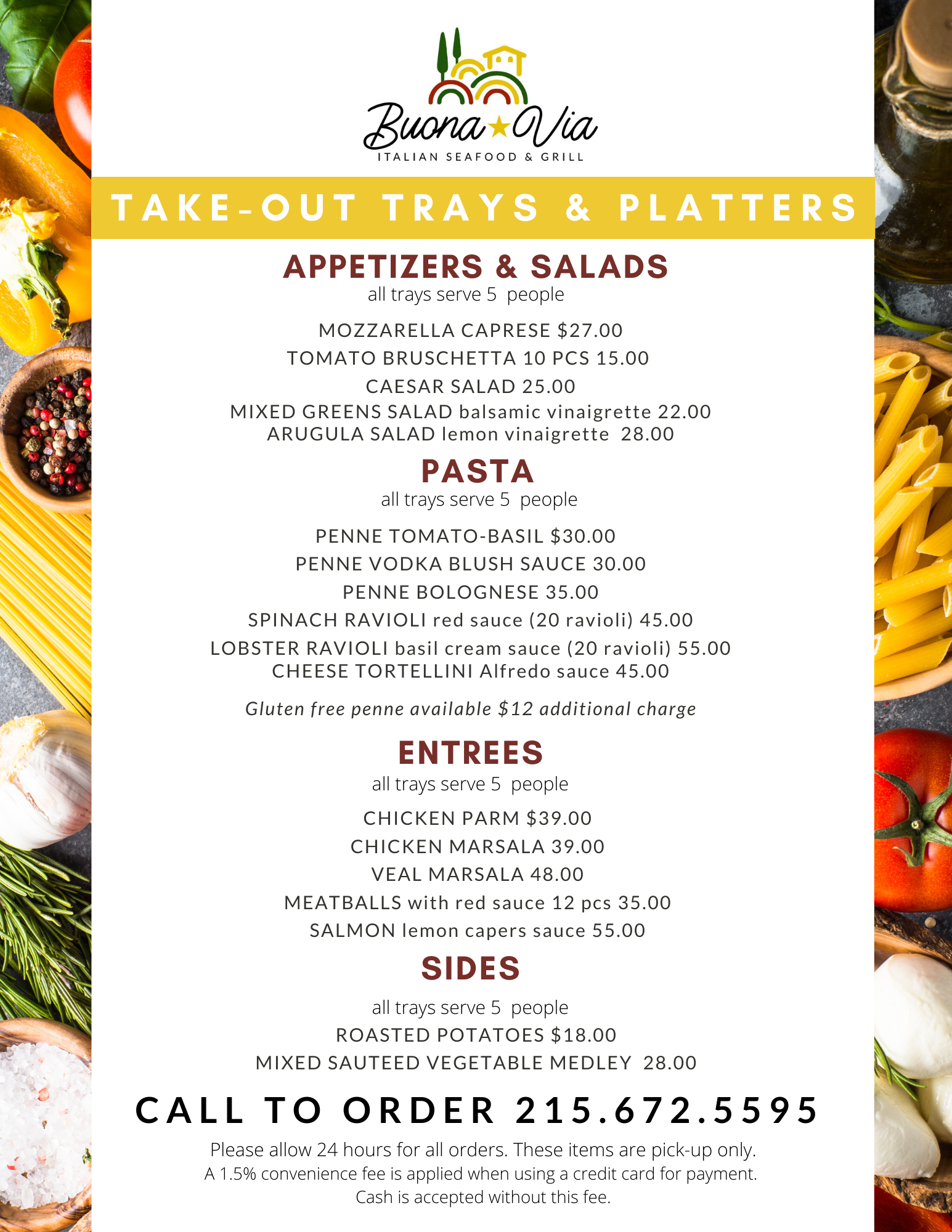 A menu for take out trays and platters.