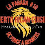 Logo Of "la Parada #10 Puerto Rican Cuisine" Featuring A Stylized Lion's Head With Text Advertising Home Cooked Catering And More, Set Against A Black Background.