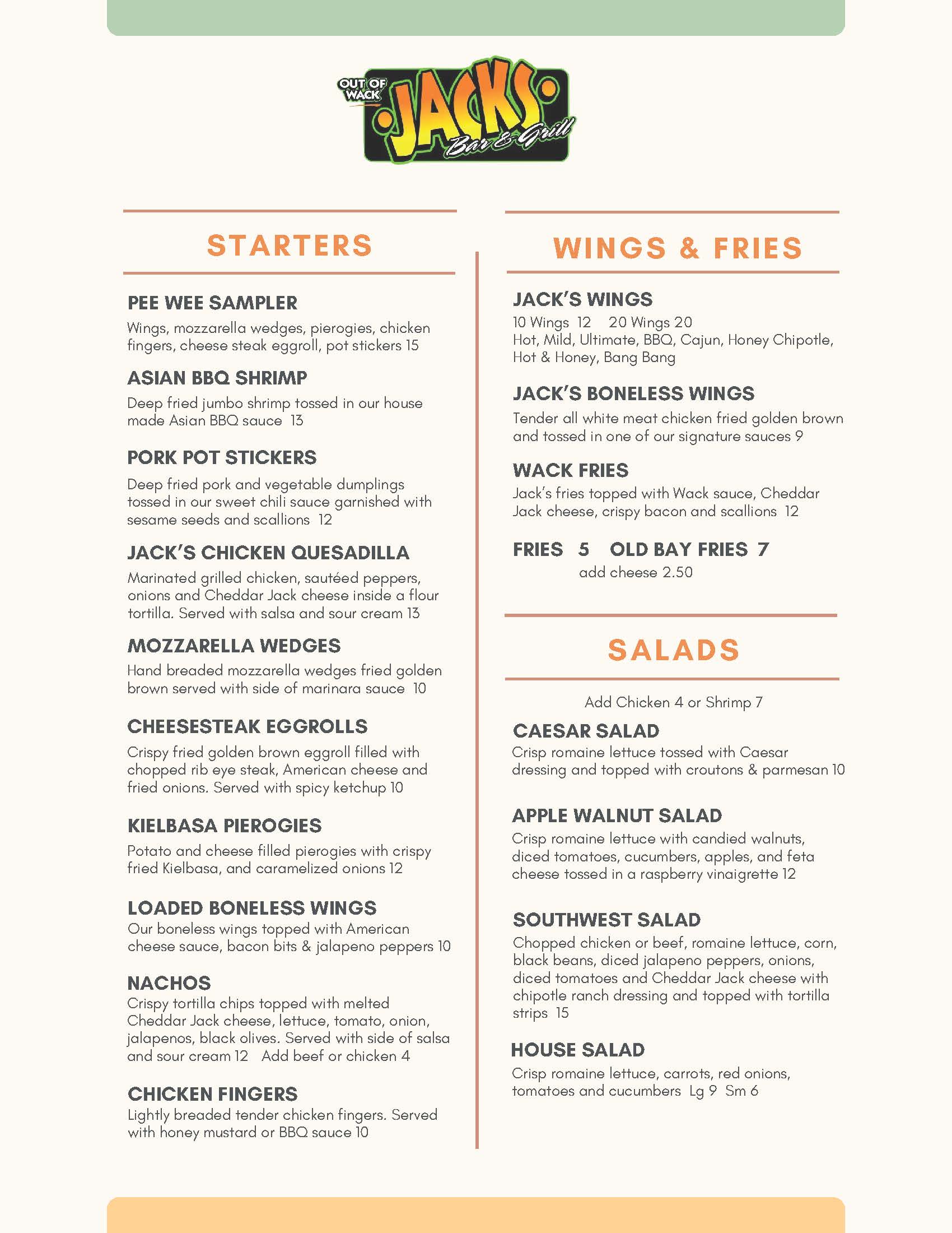 A menu for a restaurant with an orange and green color scheme.
