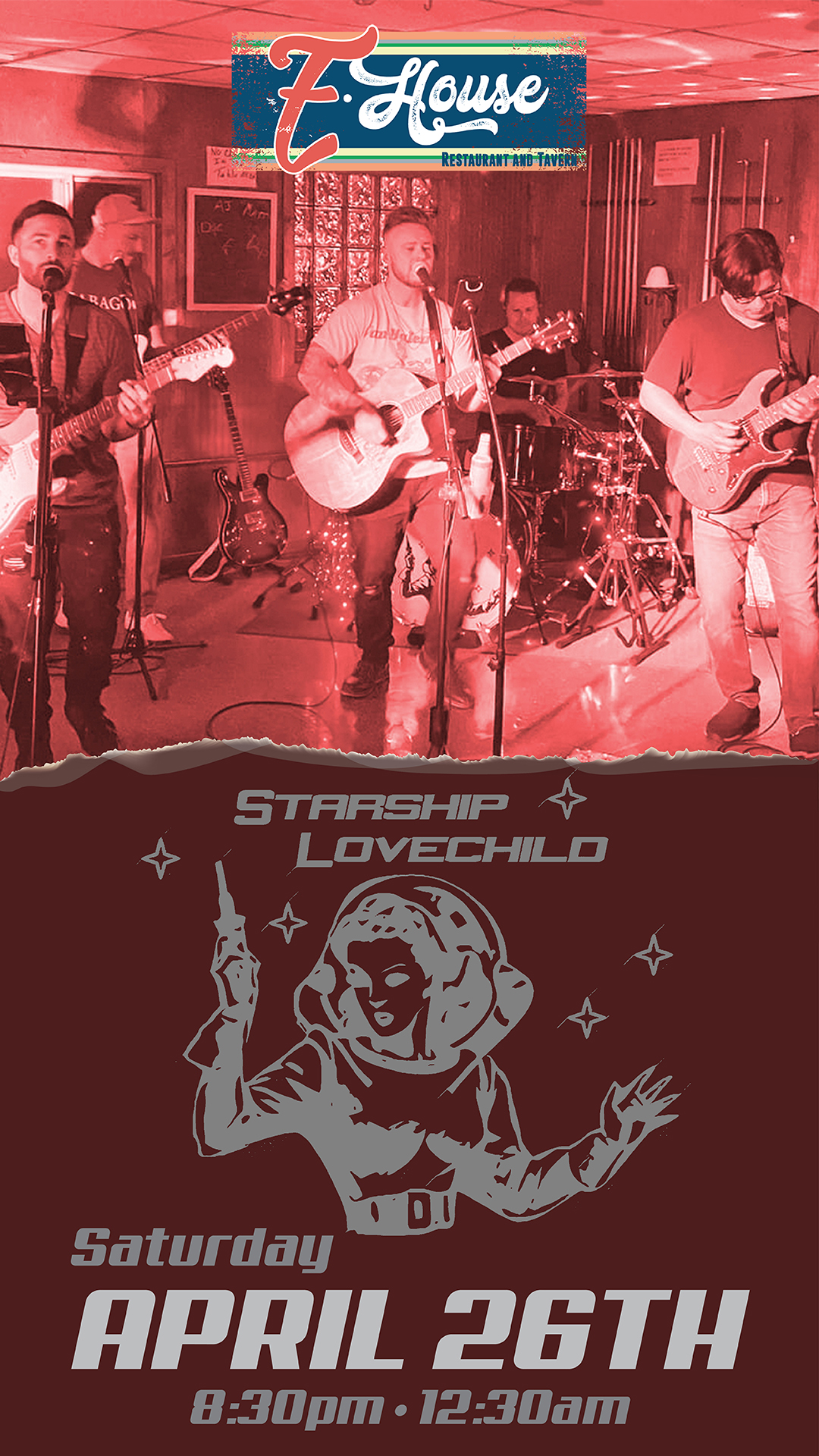 Live band performing at z-house on saturday, april 26th, with the event titled "starship lovechild".