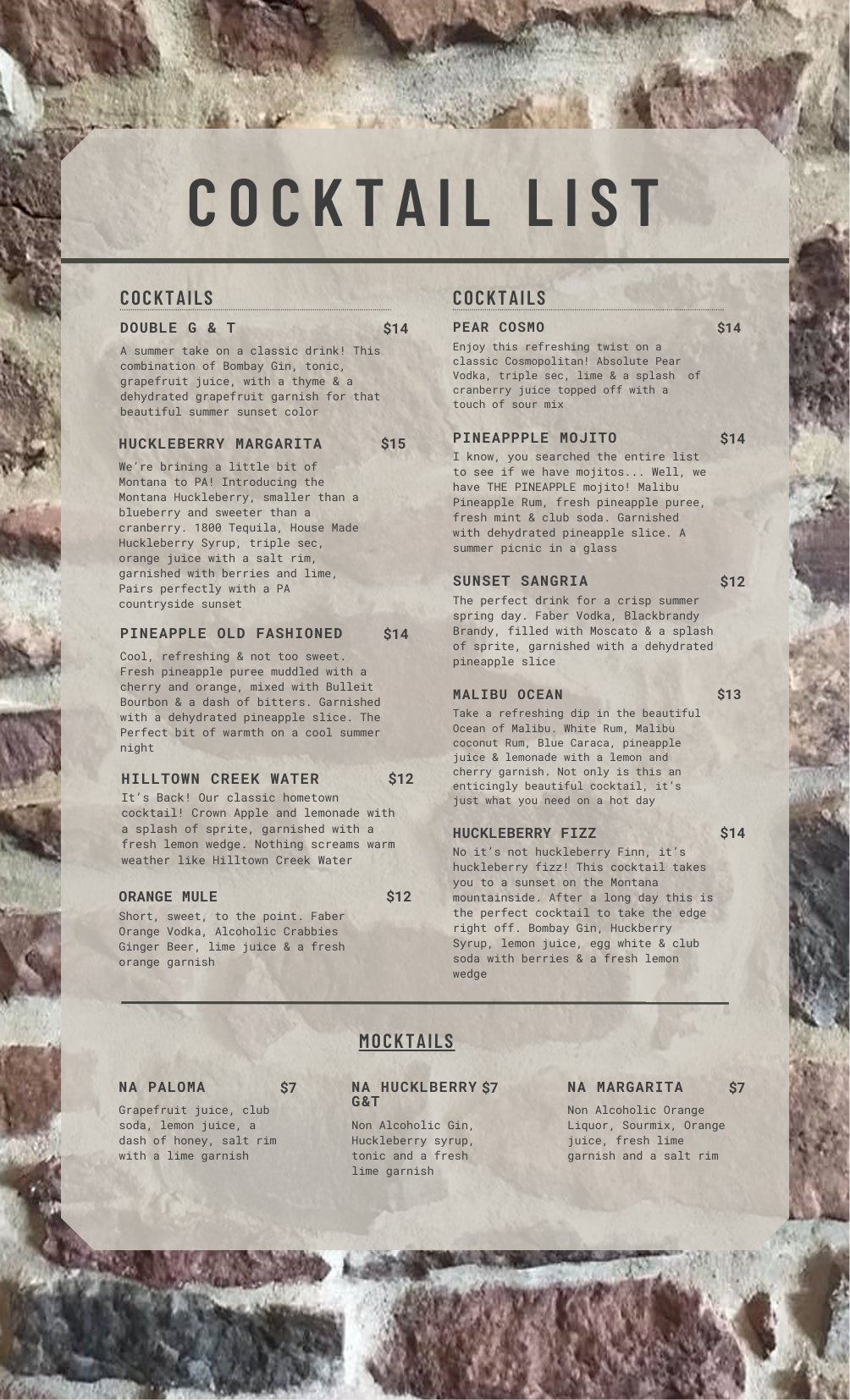 A cocktail menu displayed against a brick wall background.