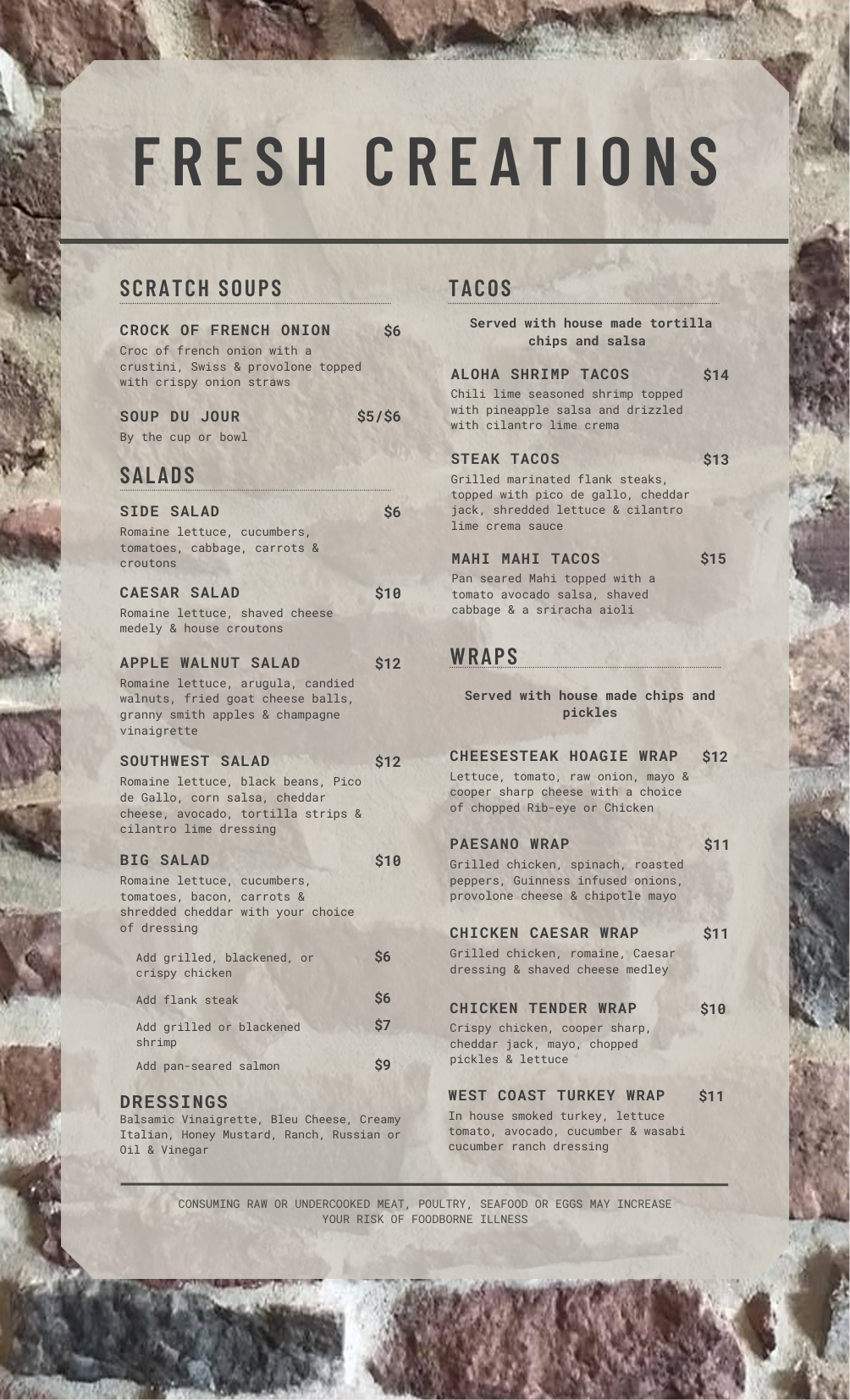 A menu titled "fresh creations" featuring various food items such as soups, salads, and wraps, with prices listed next to each item, displayed against a brick wall background.