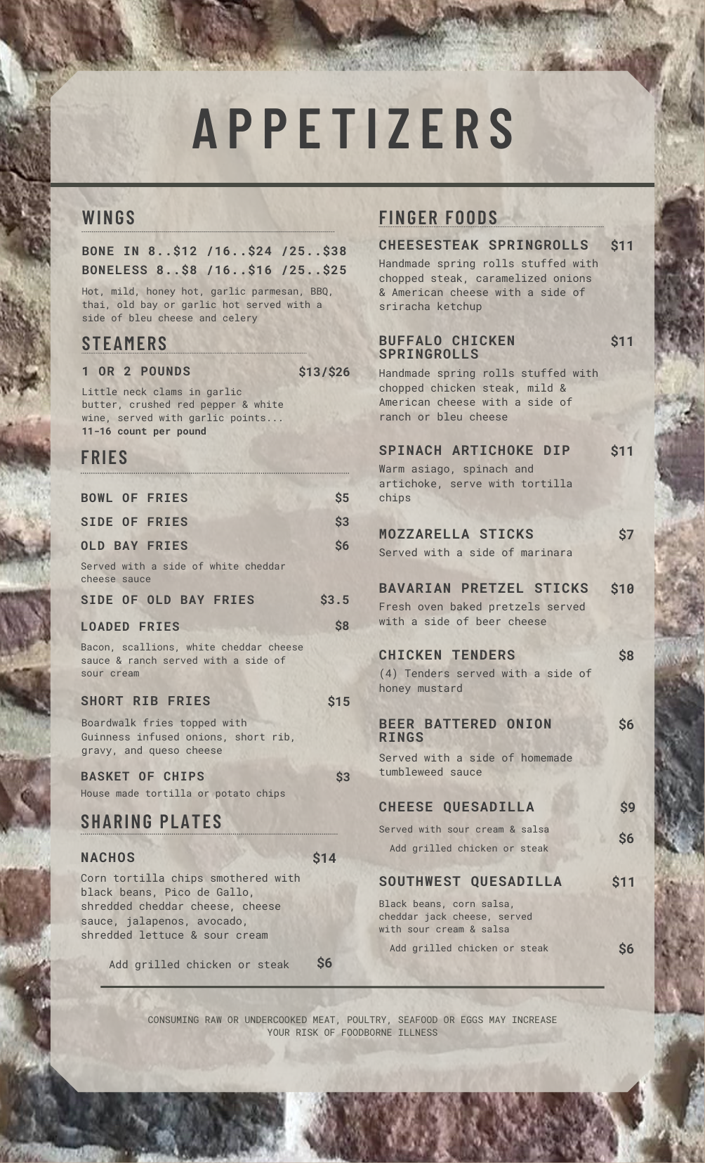 A close-up of a weathered restaurant menu on a brick wall featuring a selection of appetizers including wings, fries, and nachos.