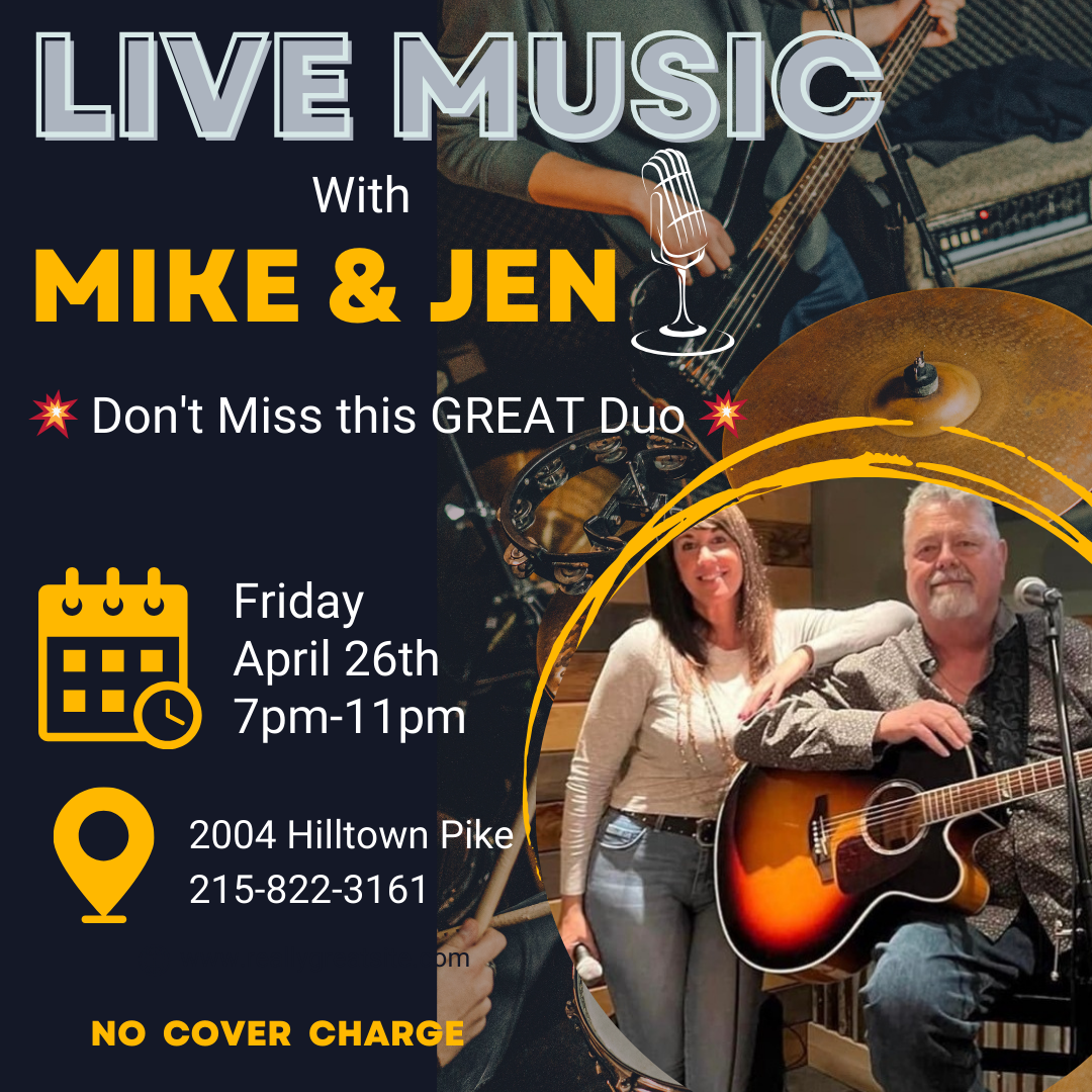 Promotional flyer for a live music event featuring the duo mike & jen, taking place on friday, april 26th, from 7pm-11pm with no cover charge.