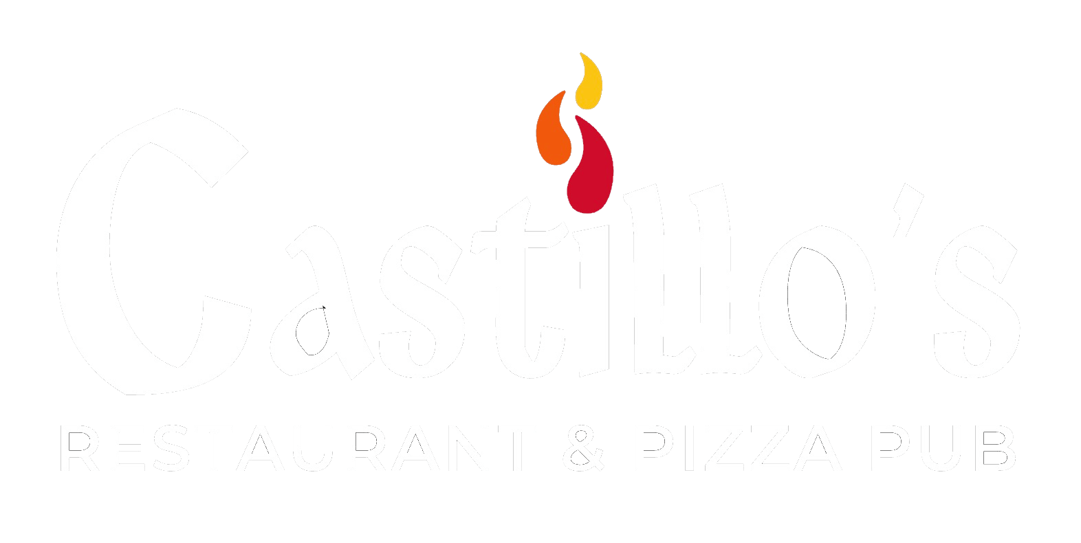 Logo of castillo's restaurant and pizza pub featuring stylized text and a flame motif.