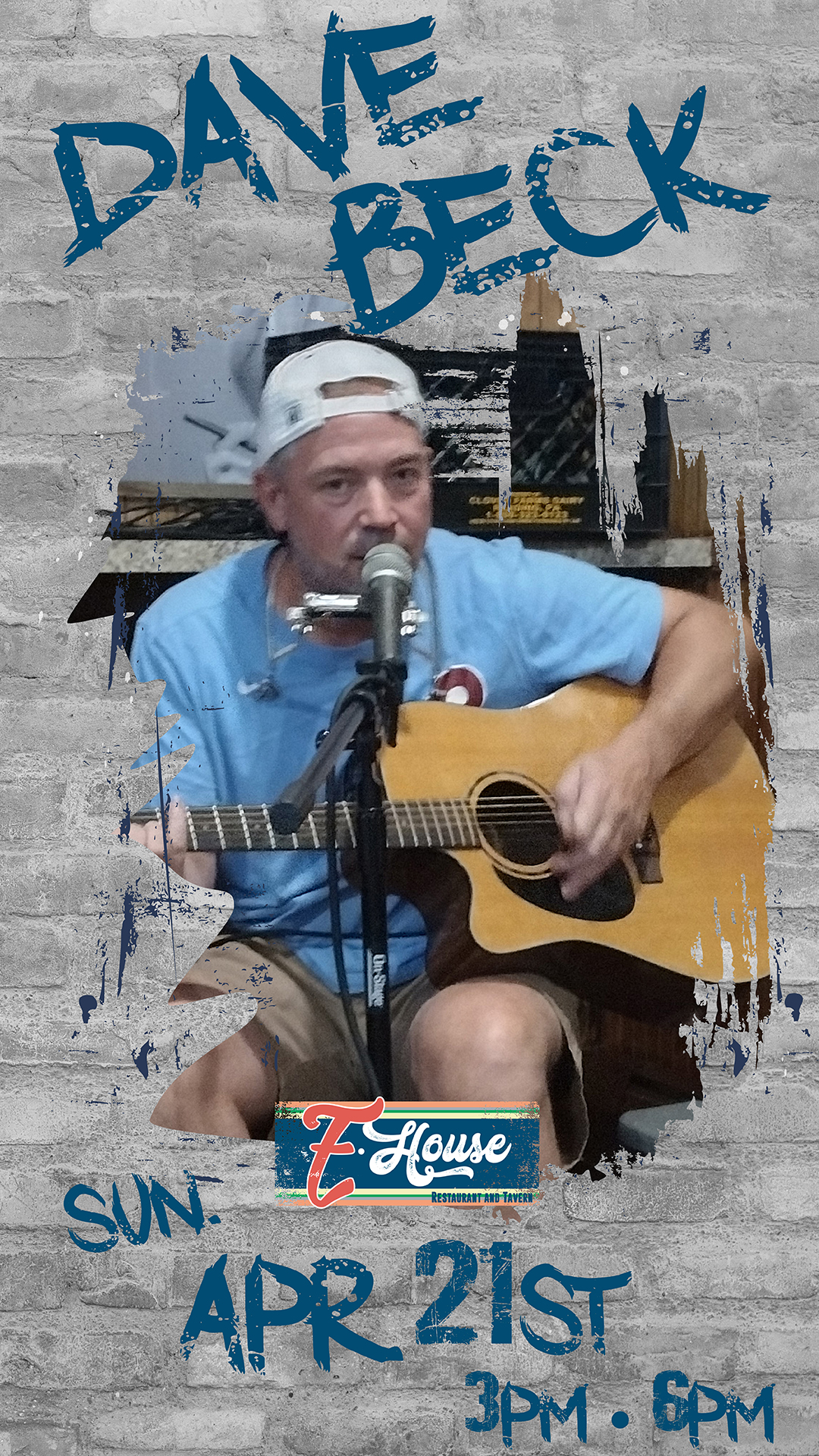 Elderly man playing an acoustic guitar, wearing a white cap and blue shirt, with text overlay advertising a performance by dave beck at e-house on april 21st from 3-6 pm.