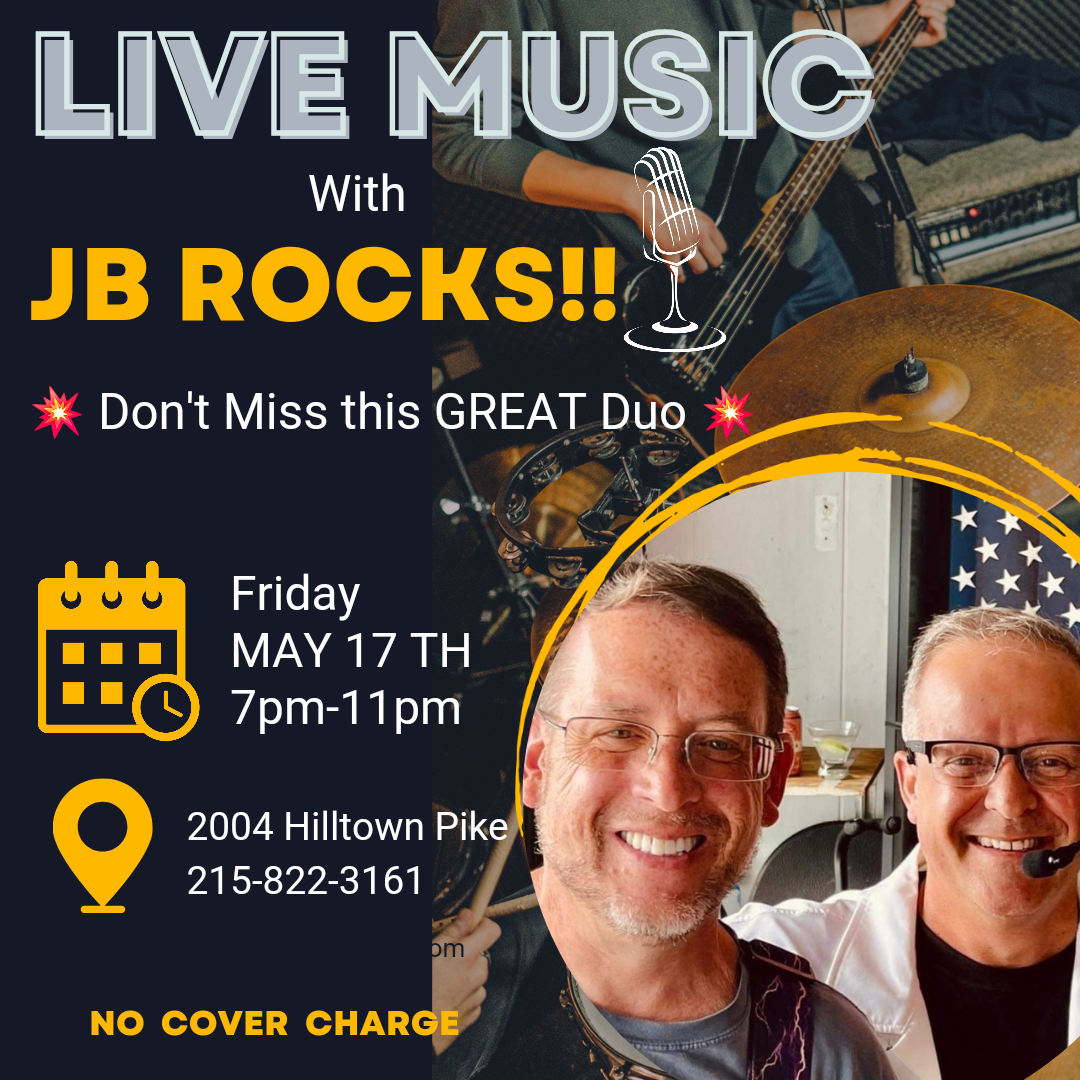 Promotional flyer for a live music event featuring the duo "jb rocks," with details including date, time, location, and contact number, alongside a photo of the two smiling musicians.