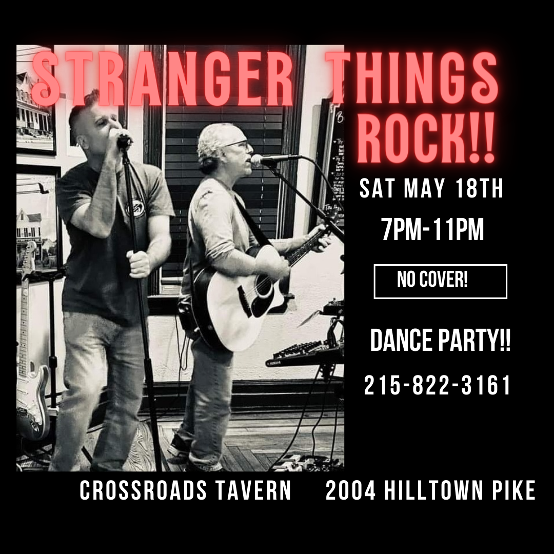 Two musicians performing at crossroads tavern with details of the "stranger things rock!" event, featuring date and contact information.