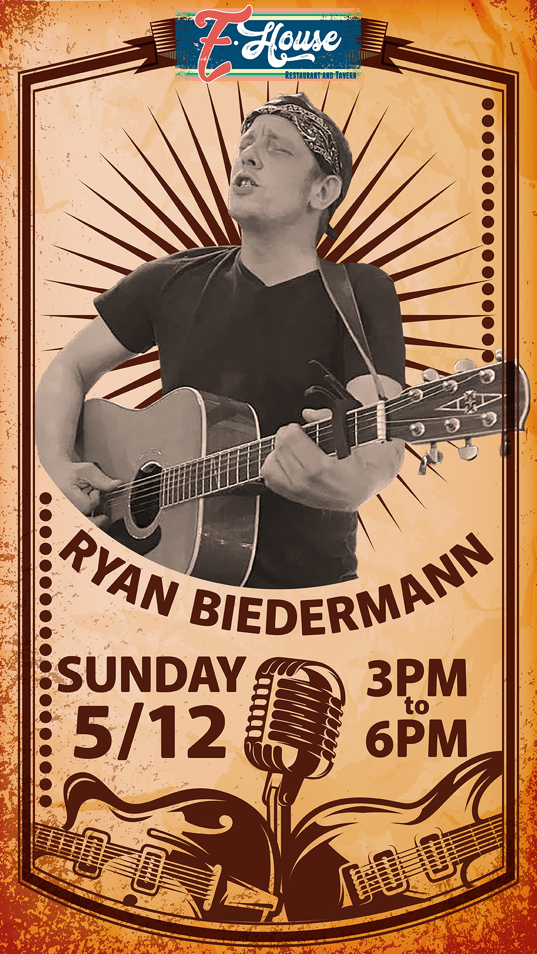 Concert poster featuring a black and white image of a man playing a guitar with event details for ryan biedermann at e-house on may 12, from 3 to 6 pm.