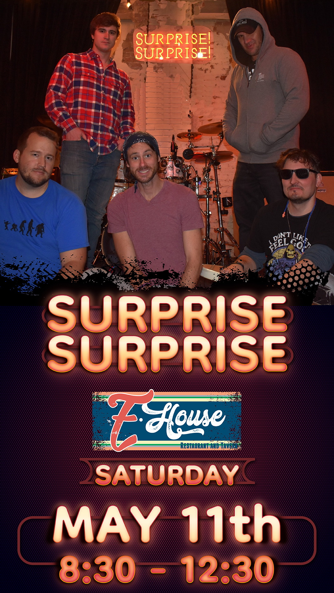 Band members posing for a promotional poster of their "surprise surprise" event at z-house on may 11th, from 8:30 pm to 12:30 am.