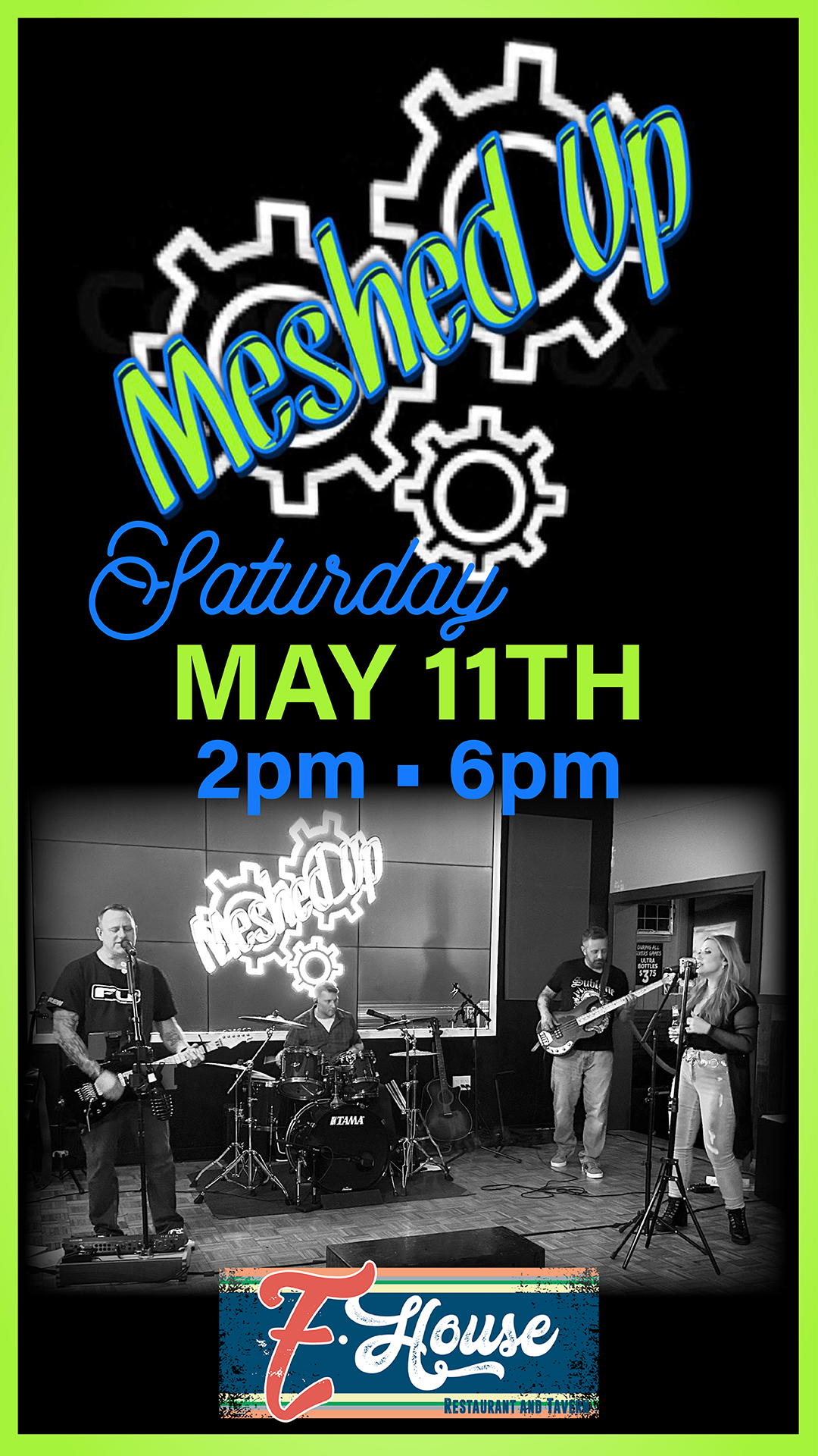 Promotional poster for meshed up band's live performance on may 11th from 2 pm to 6 pm, featuring the band members playing onstage, styled in monochrome with neon blue accents.