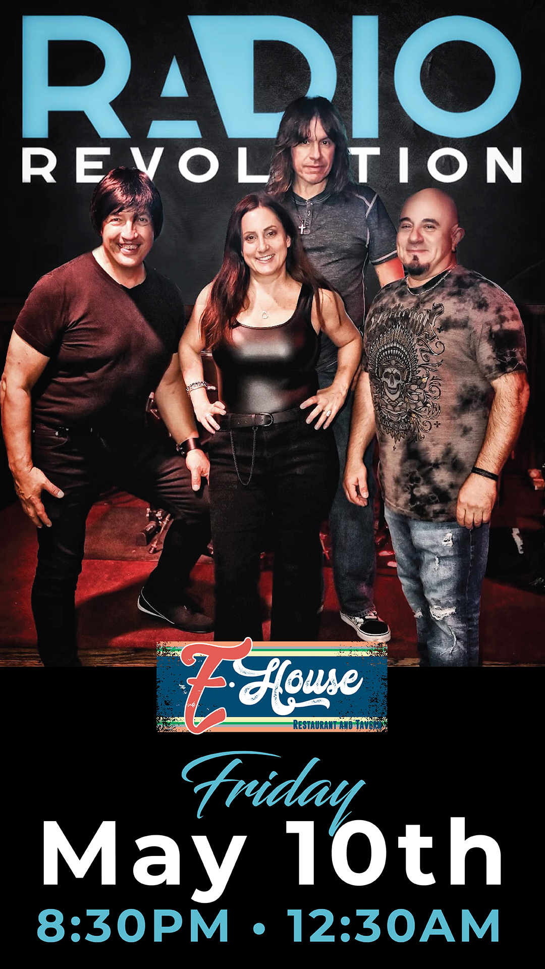 Band of four members posing in front of a "radio" banner, promoting a live performance at e-house entertainment on may 10th from 8:30 pm to 12:30 am.