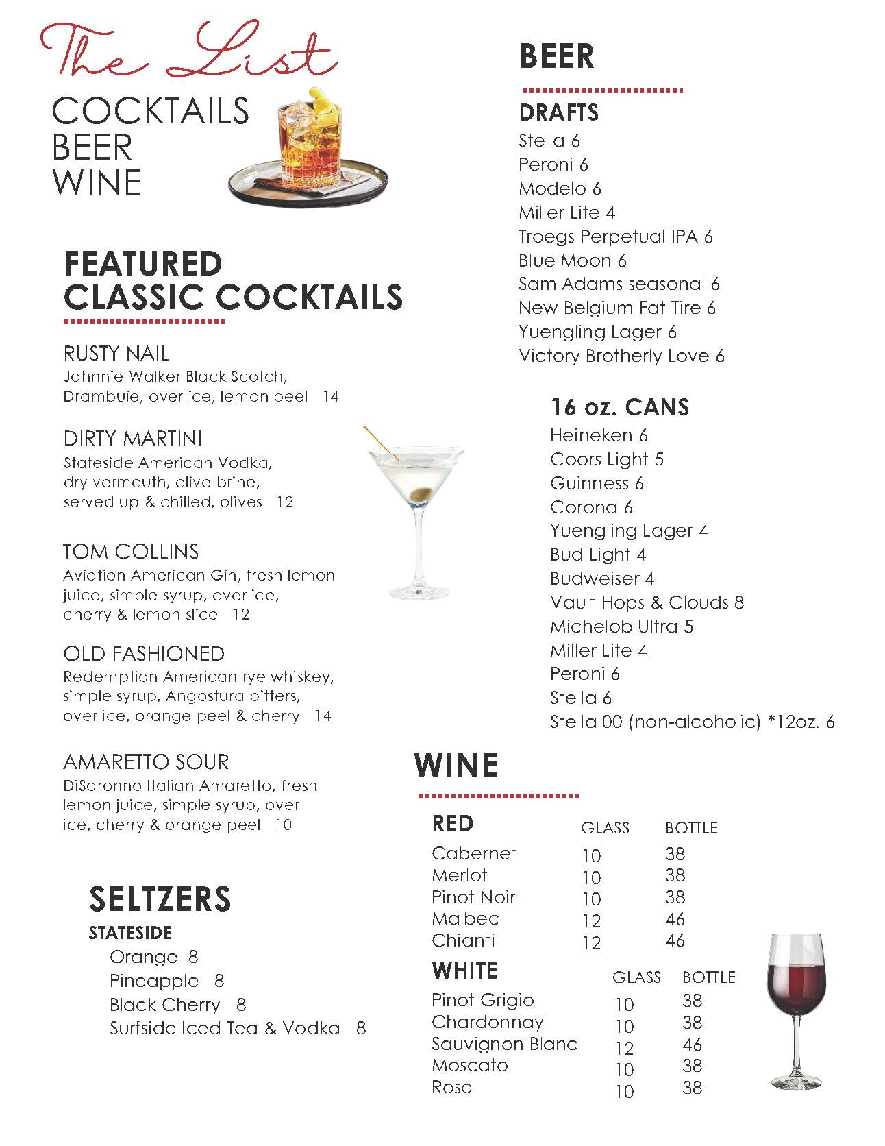 Text-only image featuring a menu titled "the list" with categories for beer, cocktails, featured cocktails, and wine, listing various drinks with prices.