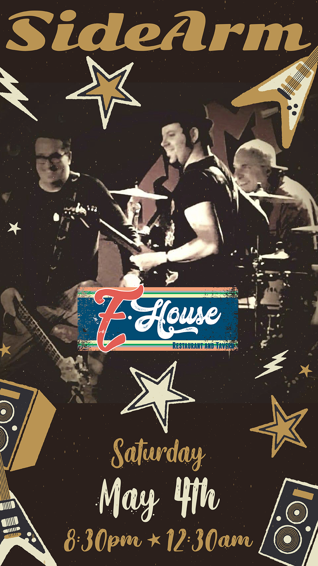 Poster for a live music event featuring the band "sidearm" at e-house restaurant, scheduled for may 4th from 8:30 pm to 12:30 am, with graphic designs of stars, speakers, and guitars.