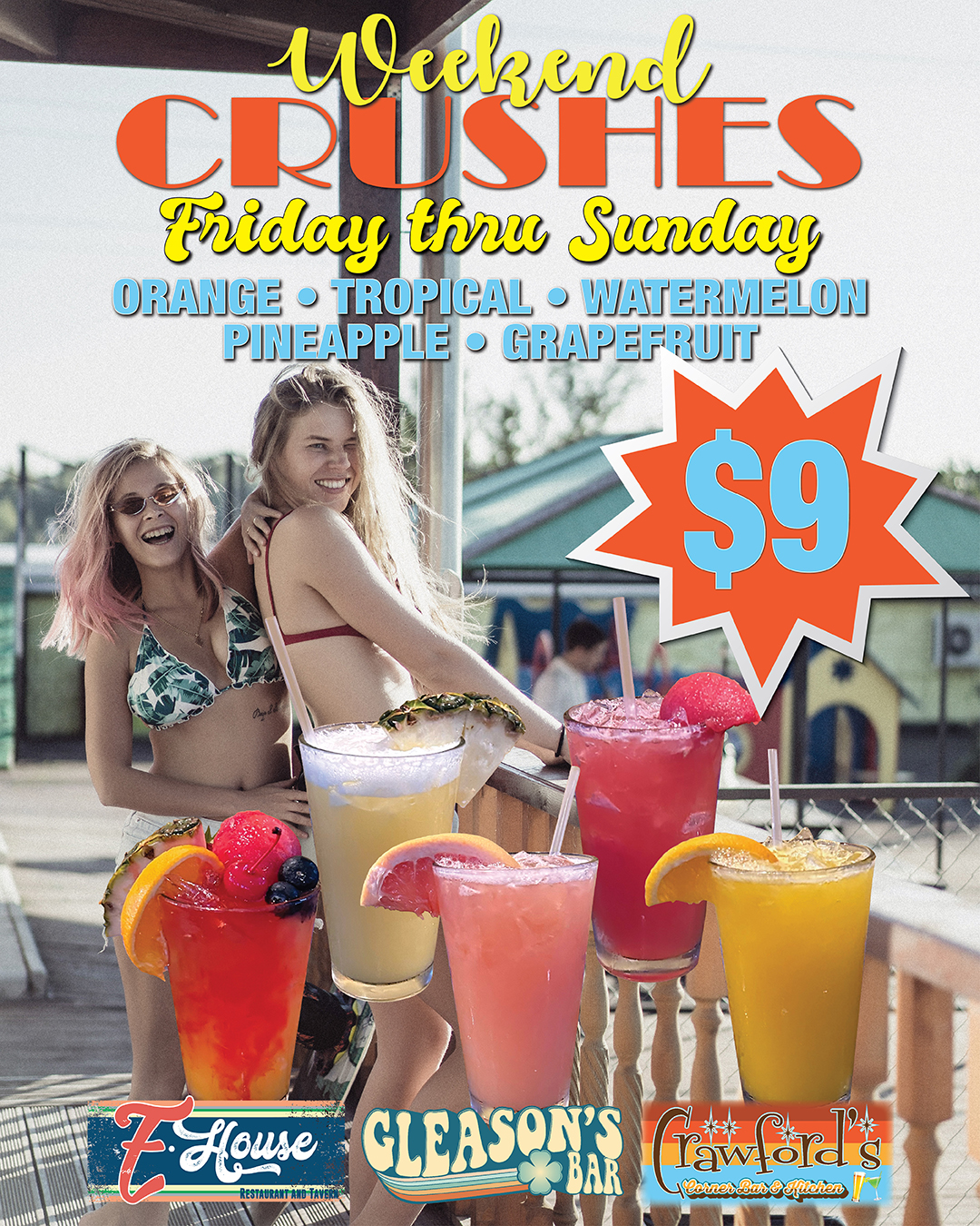 Promotional flyer for weekend slushes at a bar, featuring two joyful women carrying large colorful slush drinks, with text detailing flavors and price.