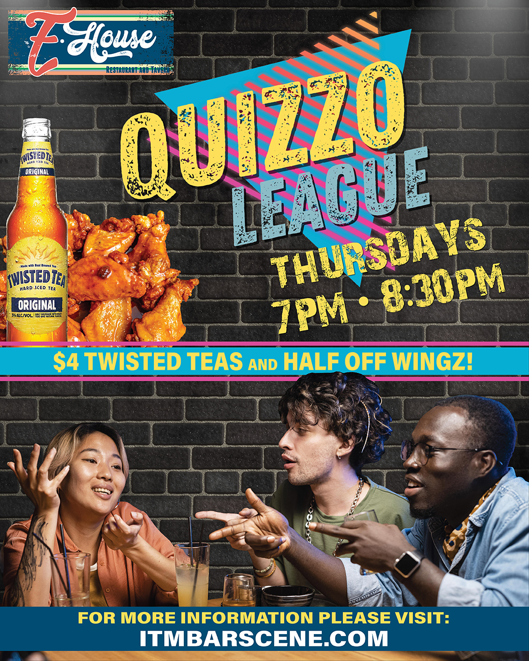 Poster promoting "Quizzo League" at Z-House with $4 Twisted Teas and half off wings on Thursdays from 7 PM to 8:30 PM. The poster features images of people, Twisted Tea, and chicken wings.