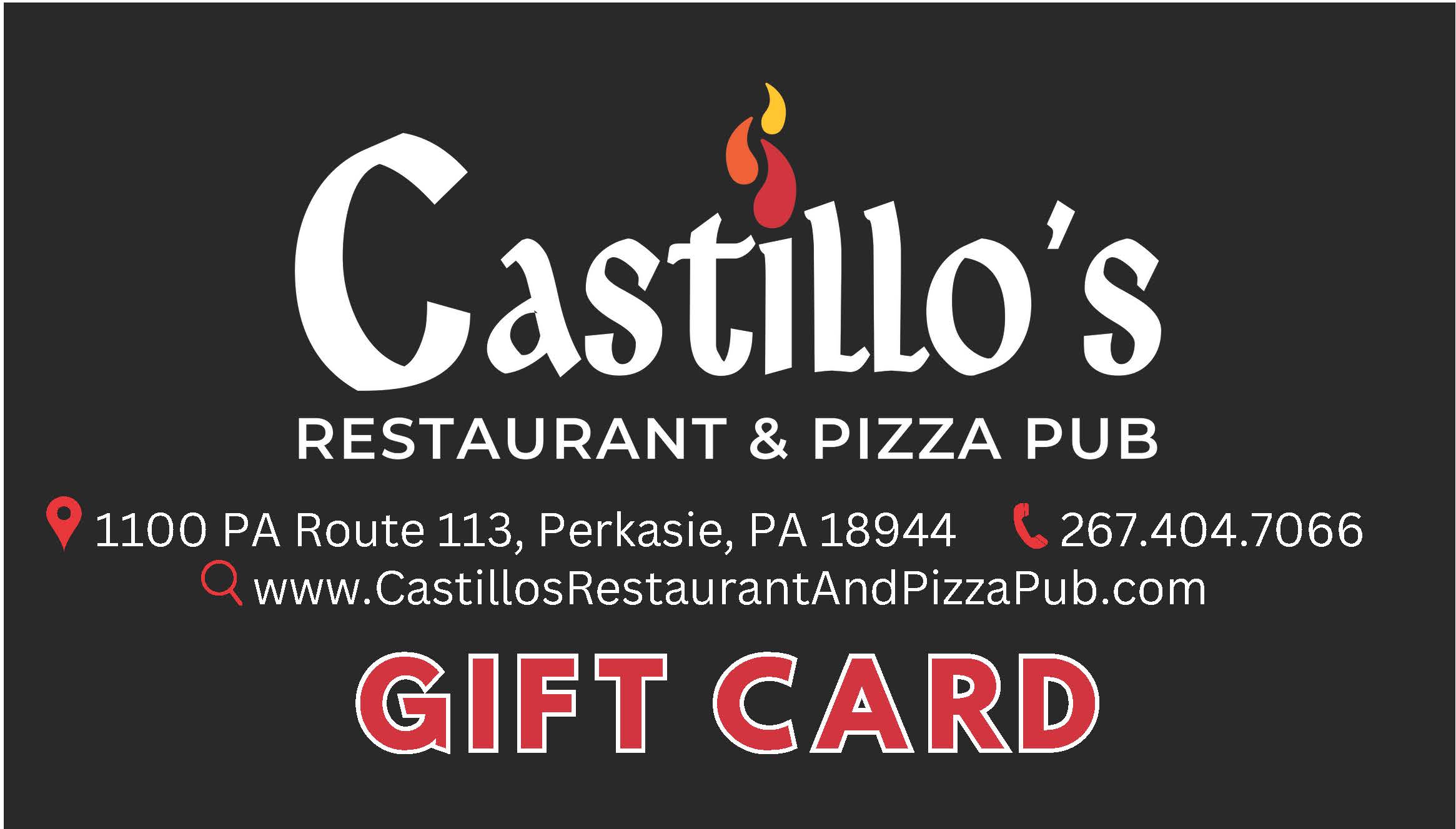 A gift card for Castillo's Restaurant & Pizza Pub with contact details and website, located at 1100 PA Route 113, Perkasie, PA 18944.