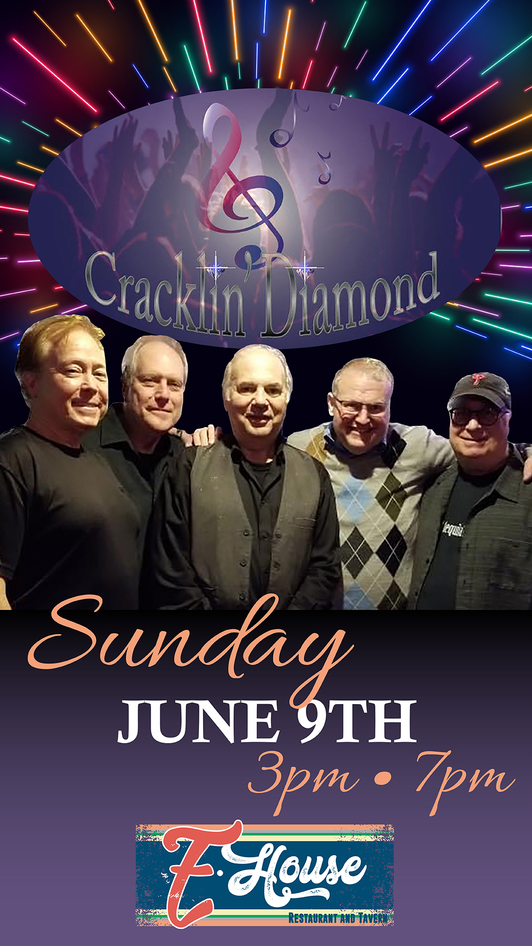 Poster for a live performance by the band Cracklin’ Diamond on Sunday, June 9th from 3 PM to 7 PM at T House Restaurant and Tavern, featuring a group photo of the band members.