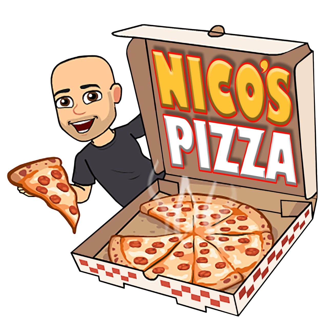 Cartoon figure holding a slice of pizza next to an open box labeled "Nico's Pizza" containing a pizza with pepperoni toppings.