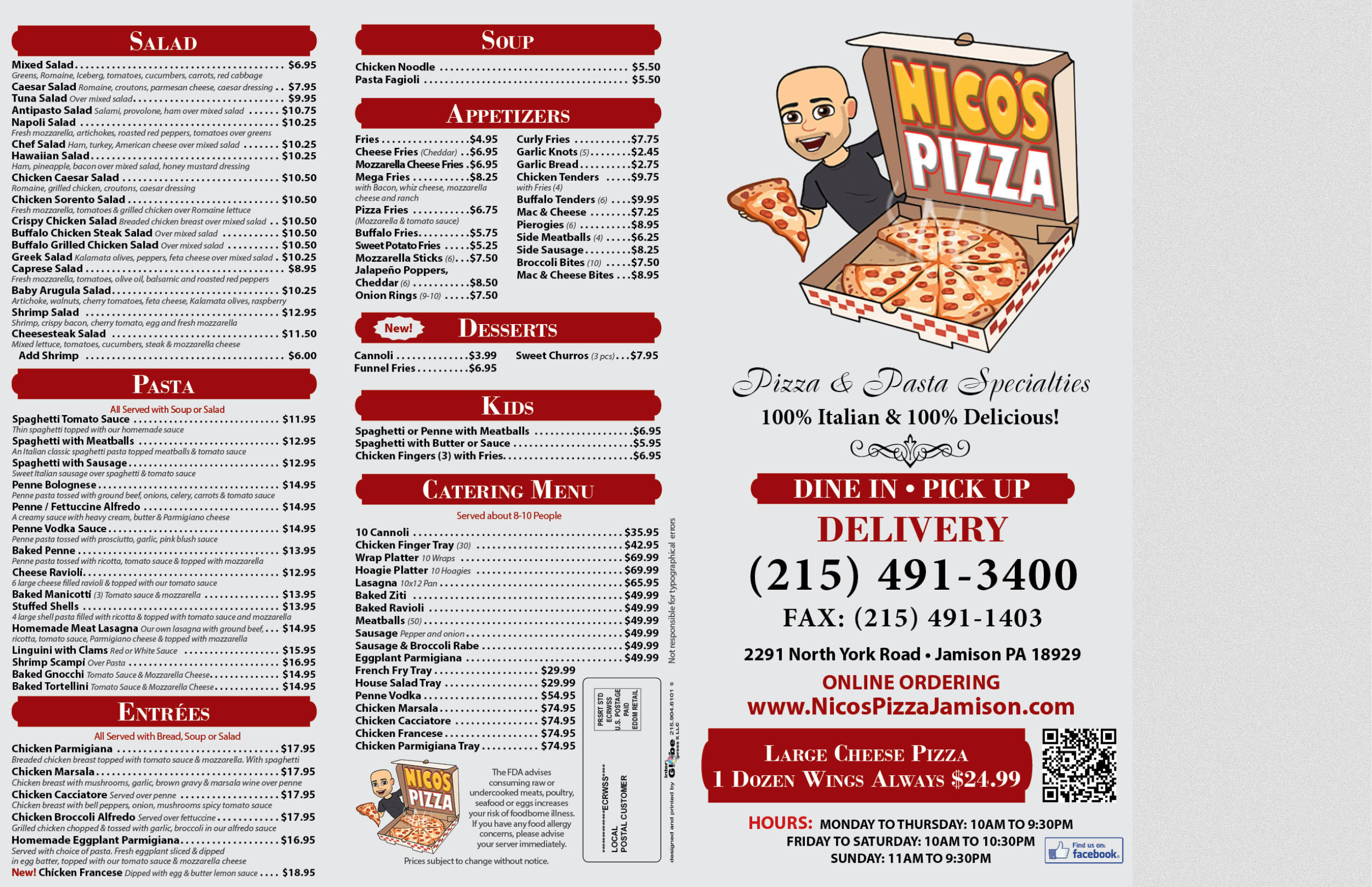 Menu for Nico's Pizza detailing options for salad, pasta, entrées, appetizers, and desserts. Includes dine-in, pickup, and delivery information, contact numbers, address, and offers like a large cheese pizza.