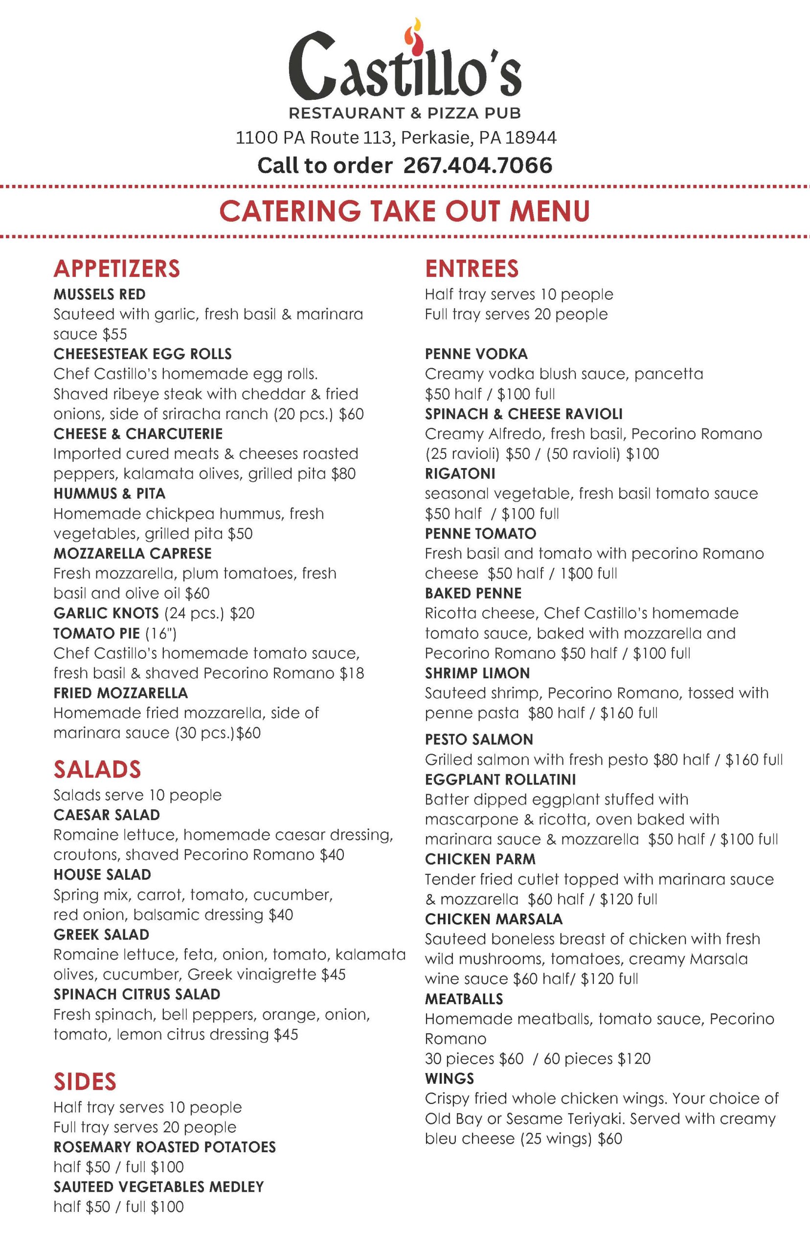 Castillo's Restaurant & Pizza Pub catering takeout menu listing appetizers, salads, pasta, entrees, sides, kid's menu, and desserts with descriptions and prices.