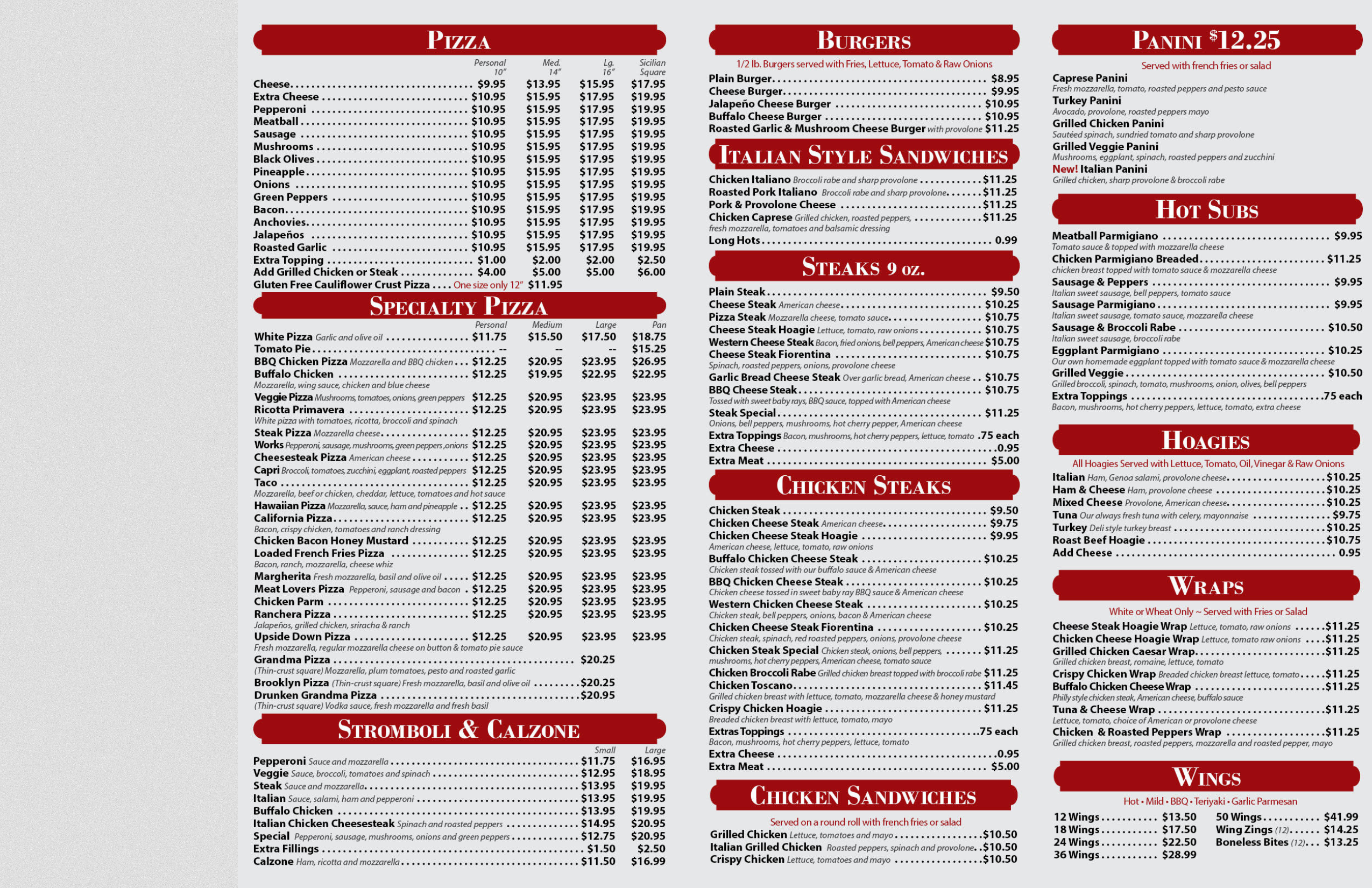 Menu listing food items and corresponding prices, including categories like pizza, burgers, panini, hot subs, steaks, chicken steaks, hoagies, wraps, stromboli, calzone, and wings.