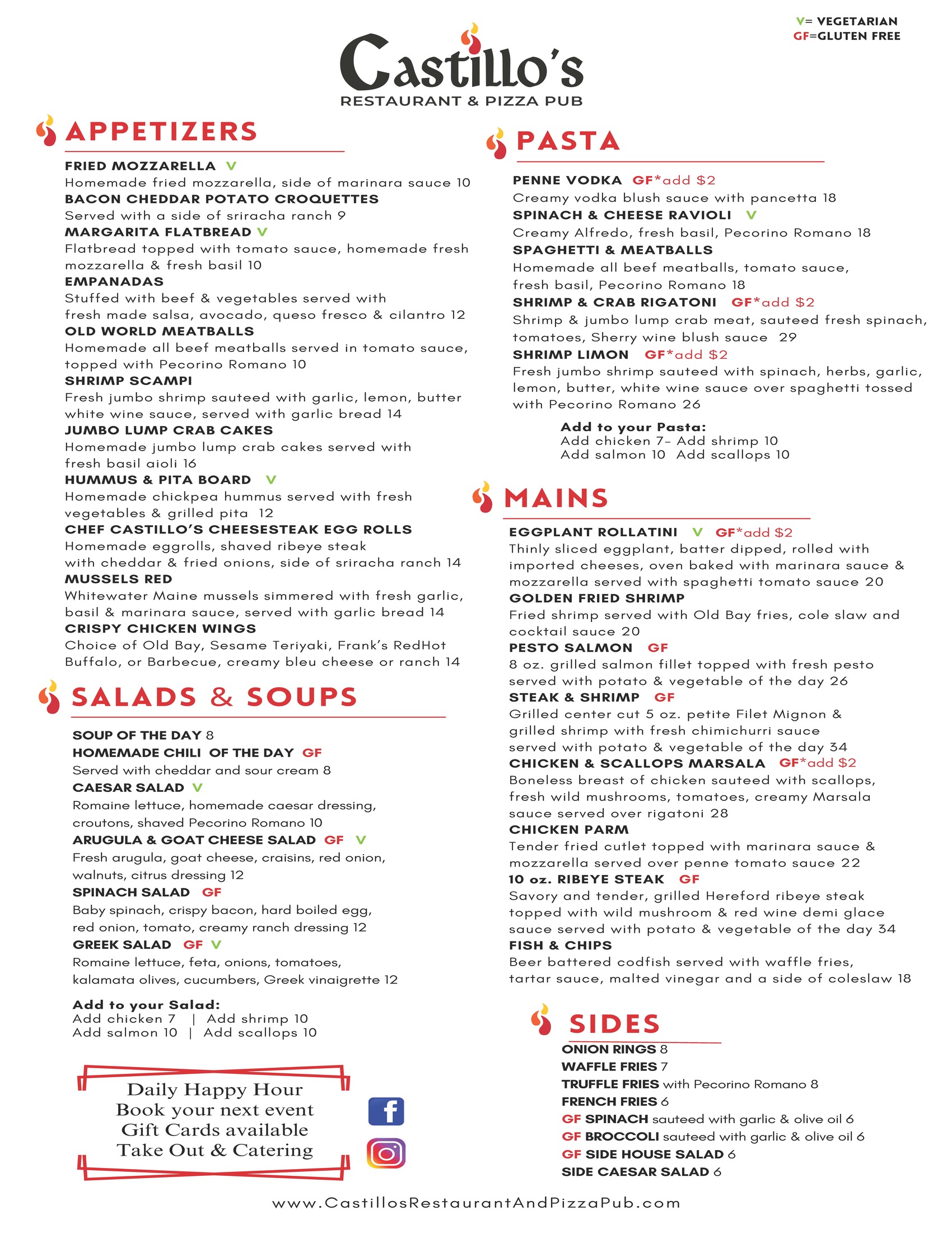 A restaurant menu featuring appetizers, pasta, entrees, pizza, sandwiches, wraps, sides, and salads. Daily happy hour details and contact information are included.