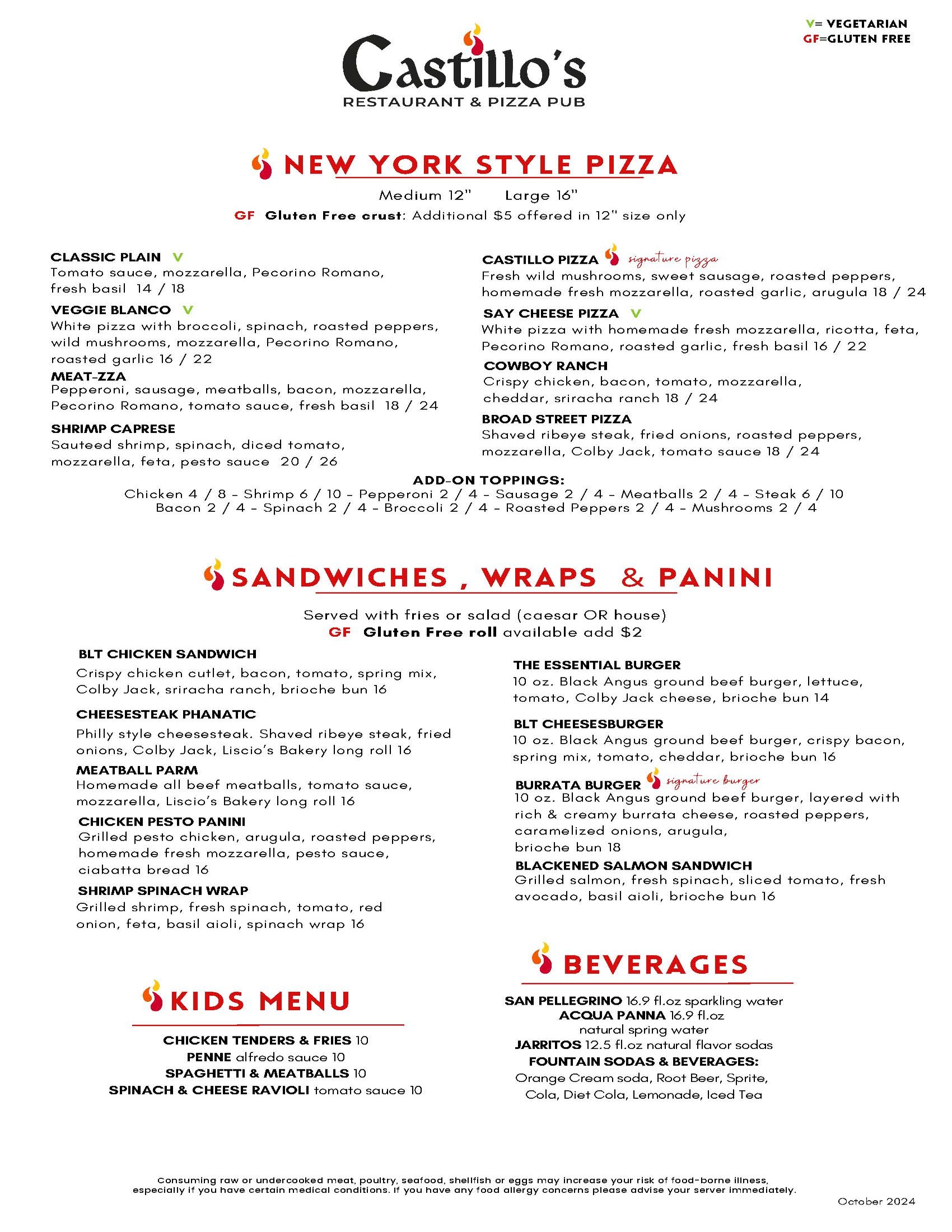 Castillo's Restaurant & Pizza Pub menu showcasing New York Style Pizza, sandwiches, wraps, and panini options with ingredients, prices, and sizes. Gluten-free and vegetarian options indicated.