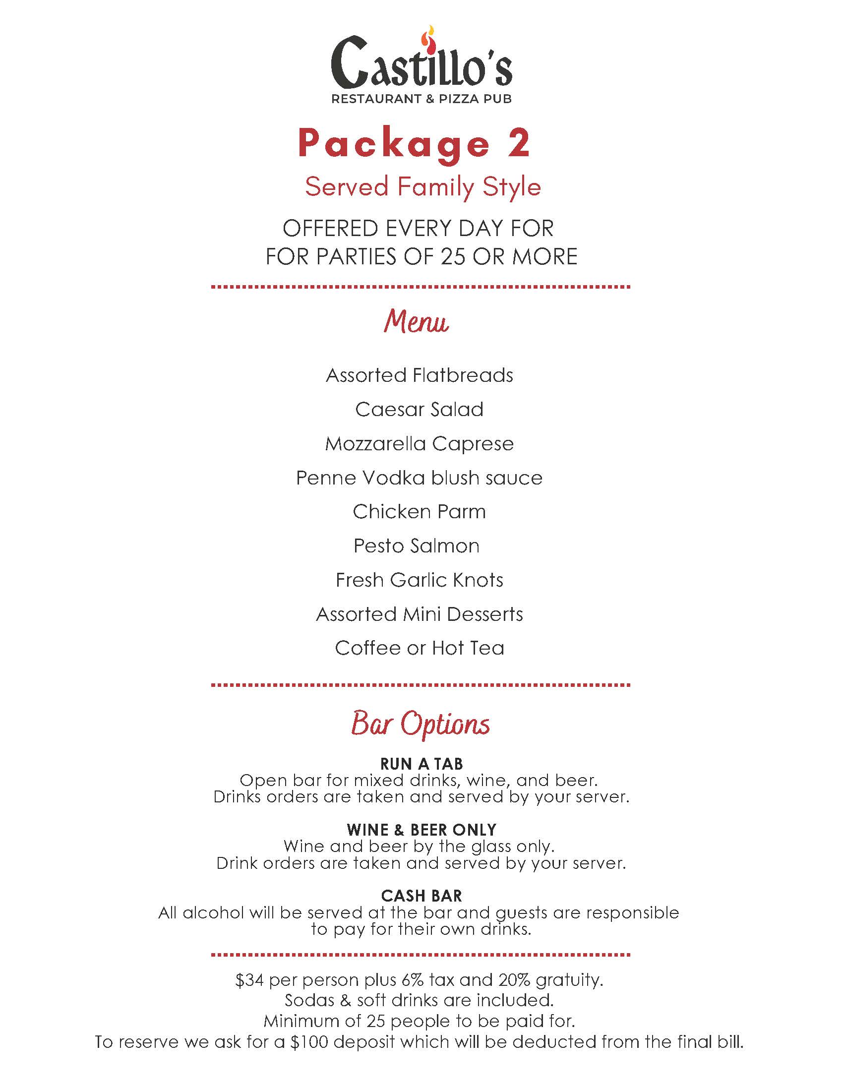 Castillo's package menu for 25+ people, featuring flatbreads, salad, pasta, chicken, and salmon. Includes bar options with pricing and reservation details.