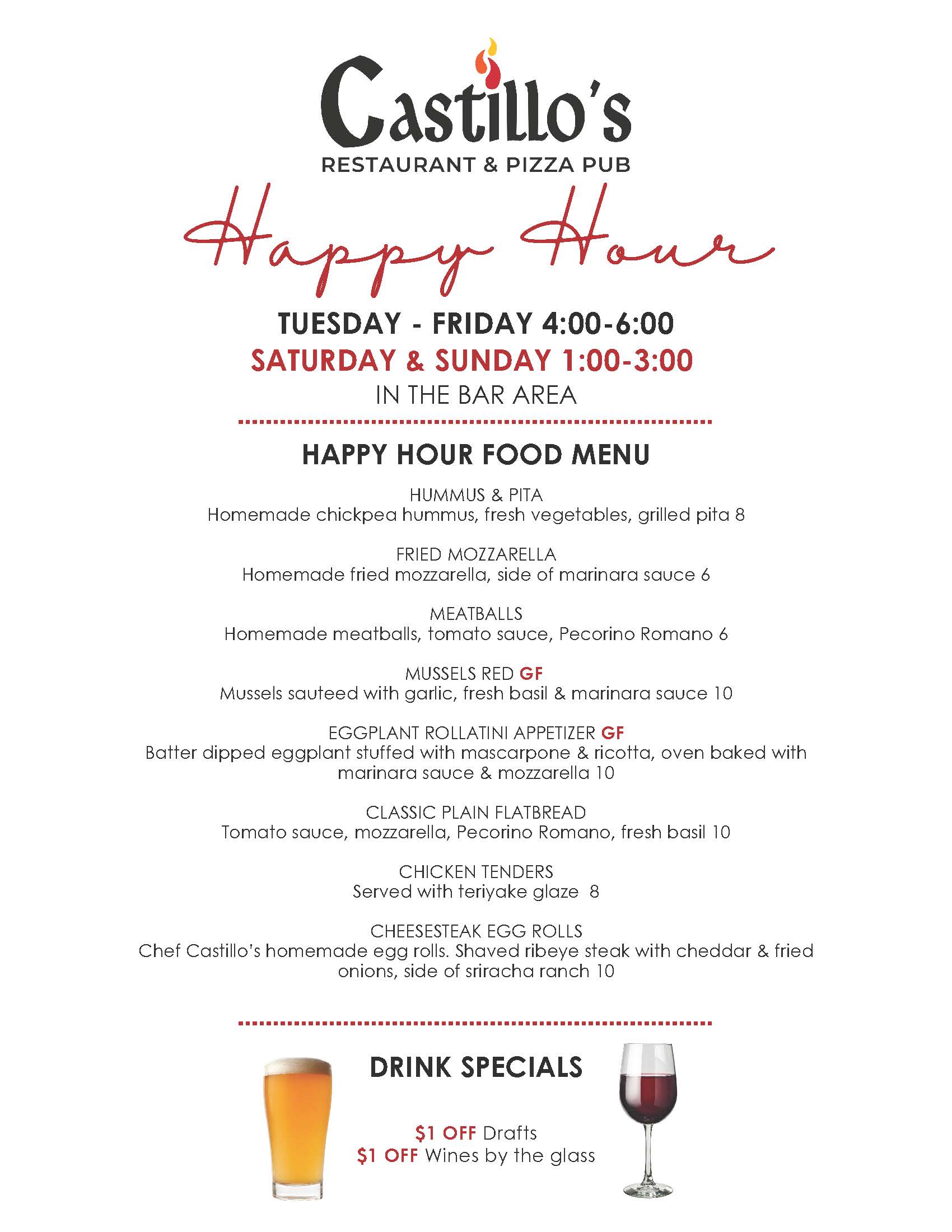 Castillo's Happy Hour menu with times and days listed. Offers appetizers like hummus, fried mozzarella, and eggplant rollatini. Drink specials include $1 off drafts and wines by the glass.