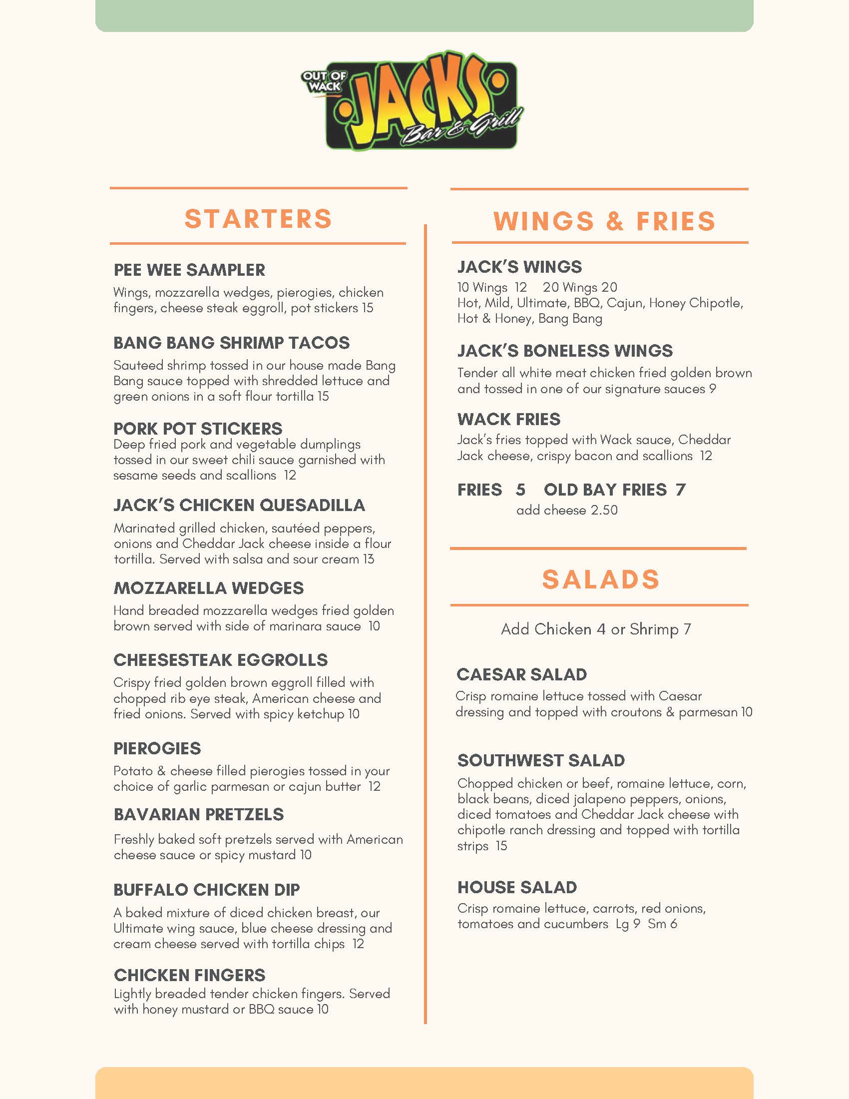 Menu – Out of Wack Jacks