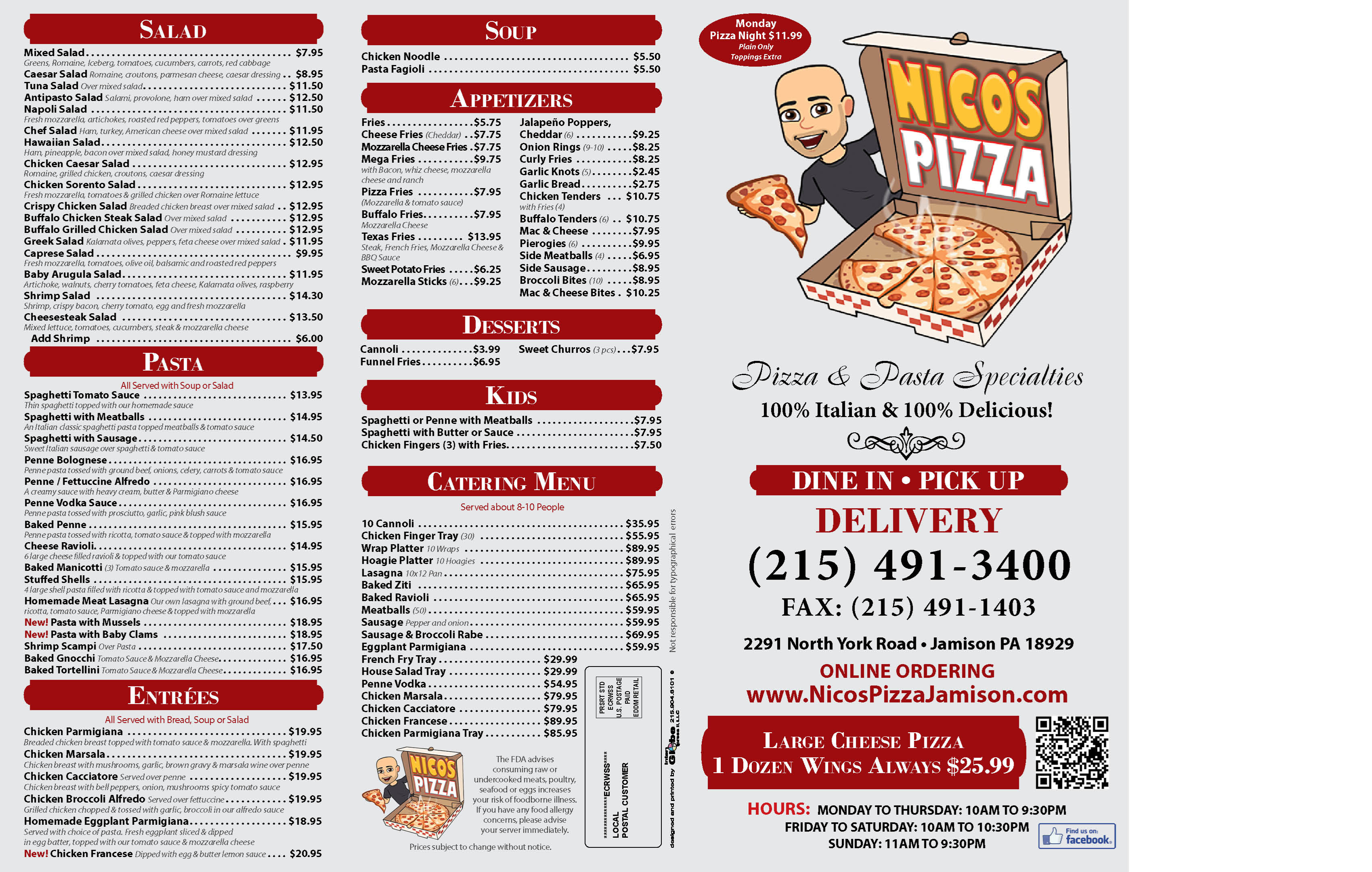 Nico's Pizza menu featuring salad, soup, pasta, entrees, pizza, sandwiches, desserts, kids, and catering options. Includes contact info, dine-in, pickup, delivery, and website details.