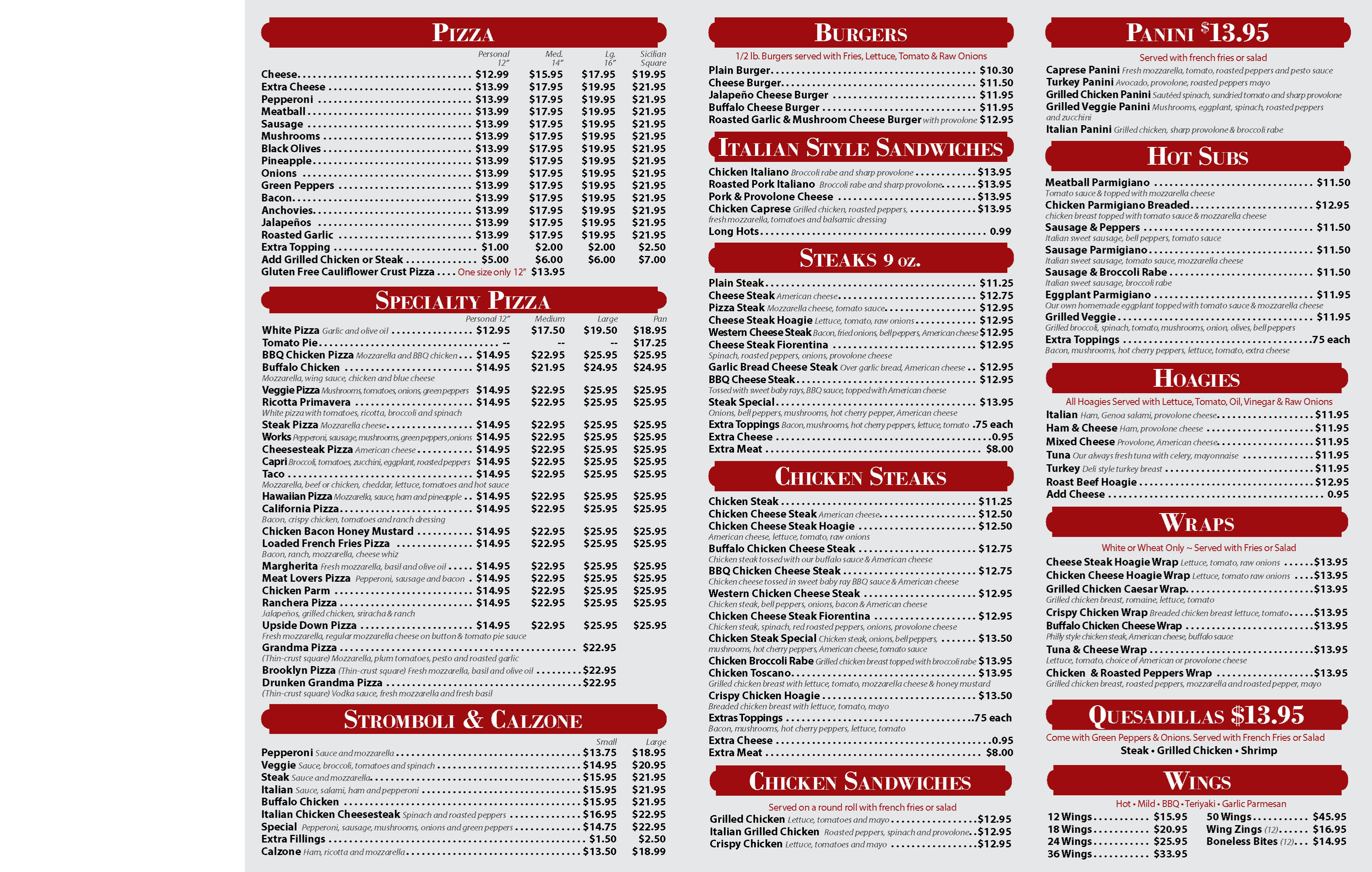 Menu displaying options for pizza, burgers, panini, Italian sandwiches, hot subs, steaks, chicken steaks, stromboli, wraps, quesadillas, wings, hoagies, and chicken sandwiches with prices.