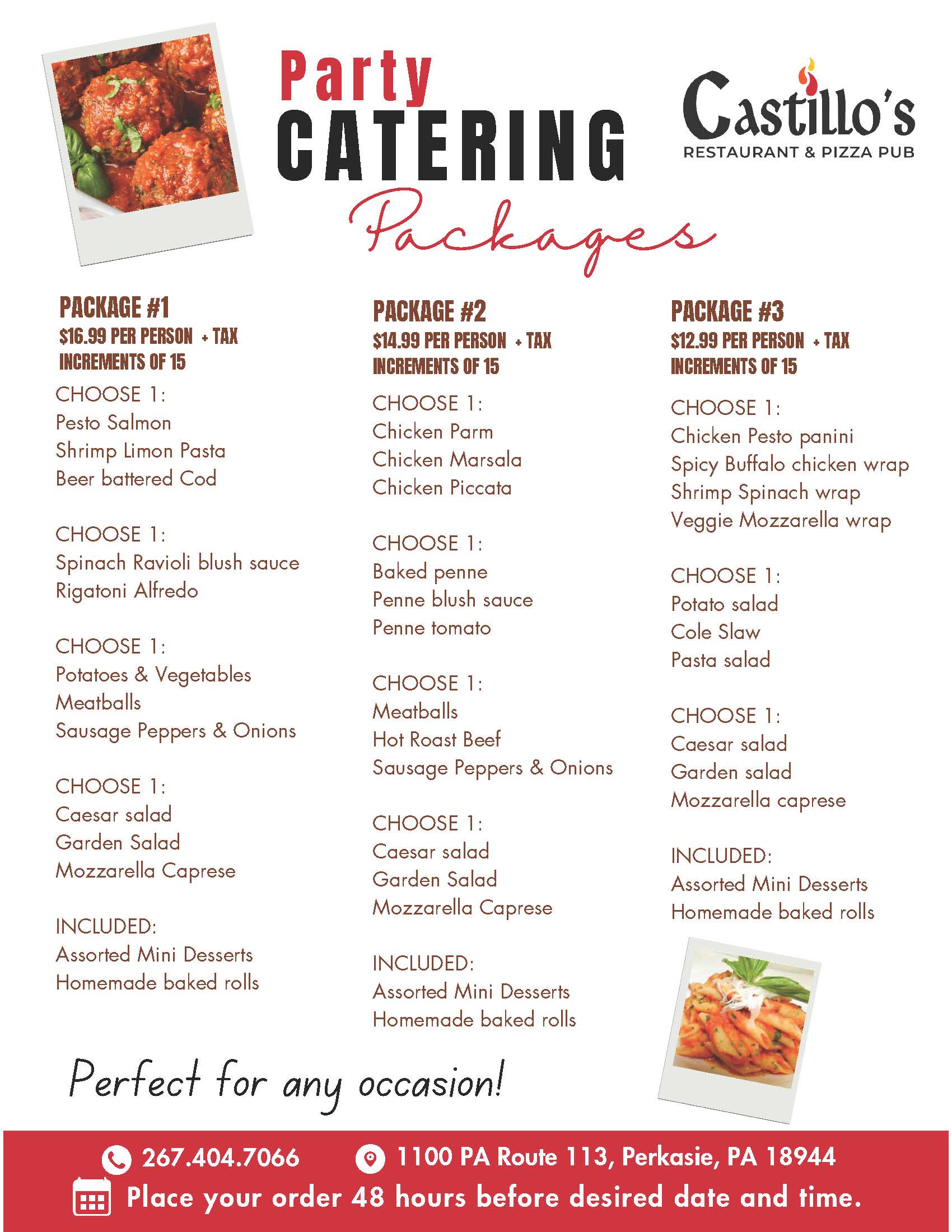 Party catering menu offering three packages with various dishes like pasta, chicken, and desserts, from Castillo's Restaurant & Pizza Pub. Contact details and address are included.