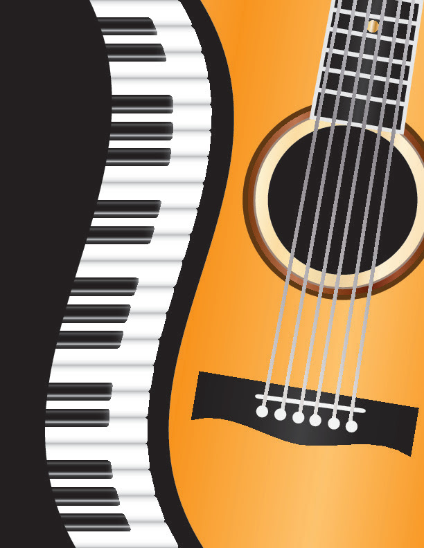 Illustration Of A Guitar With Strings And Sound Hole On The Right, Merging With A Piano Keyboard Pattern On The Left Against A Black Background.