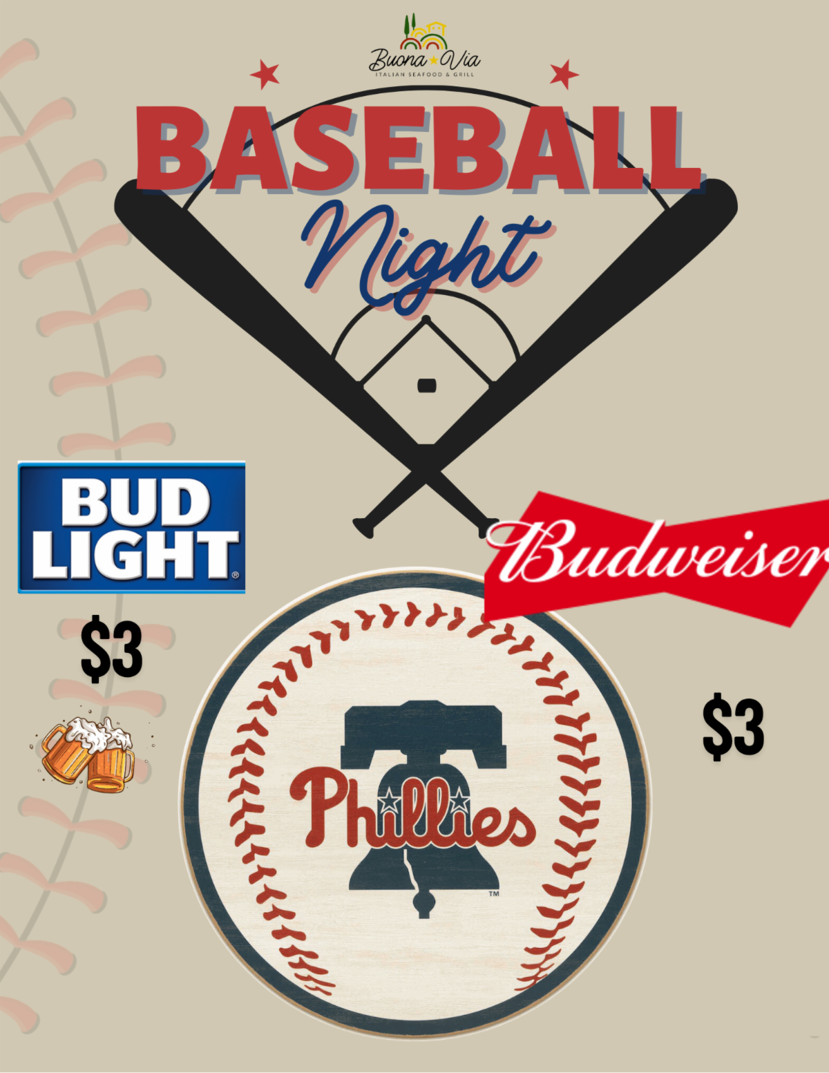 Baseball Night Poster Featuring Baseball And Bats Graphic. Includes Bud Light And Budweiser Logos, Each With A $3 Price. Phillies Logo Inside A Baseball.