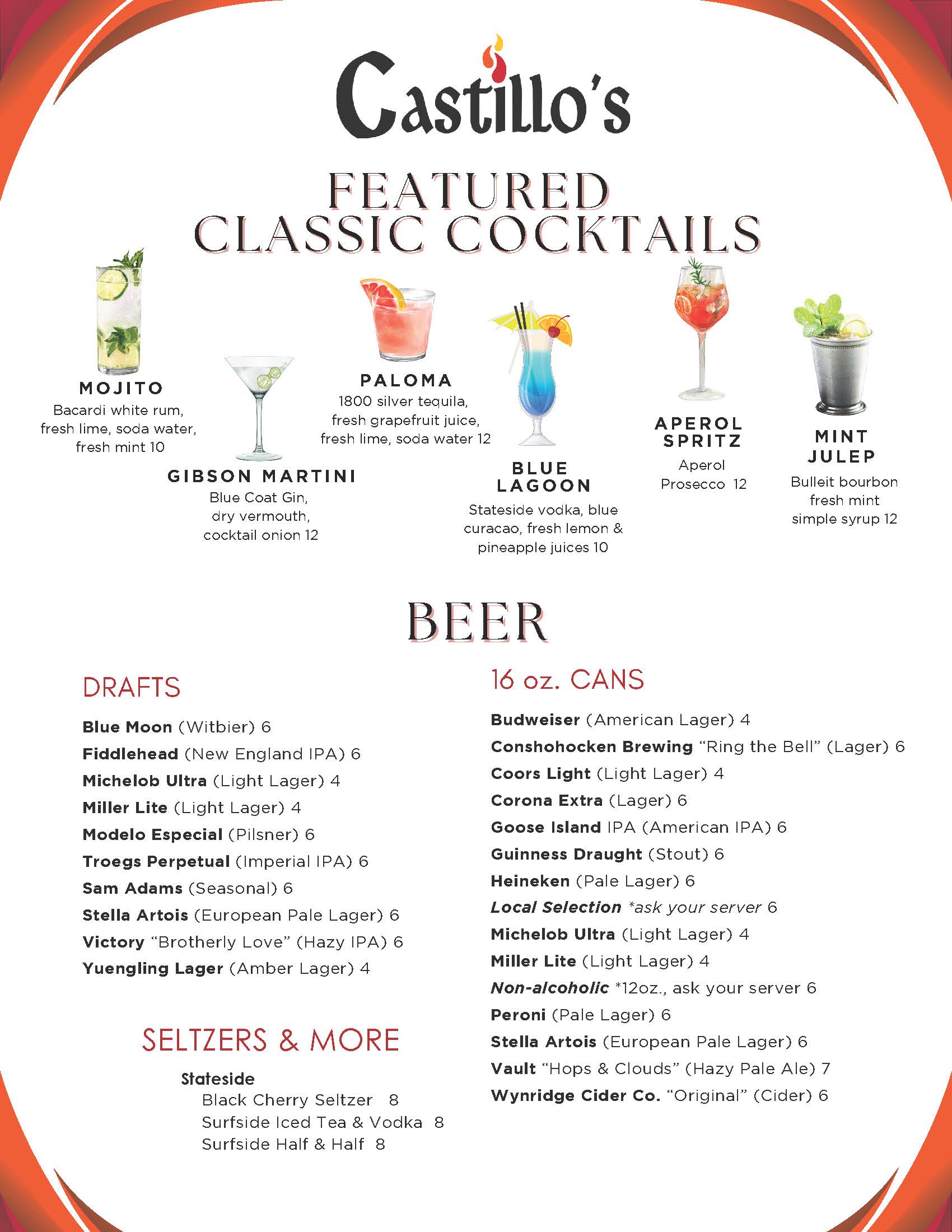 Menu showing Castillo's featured classic cocktails and beer options, including draft and canned varieties, with detailed drink ingredients and brewery names listed.