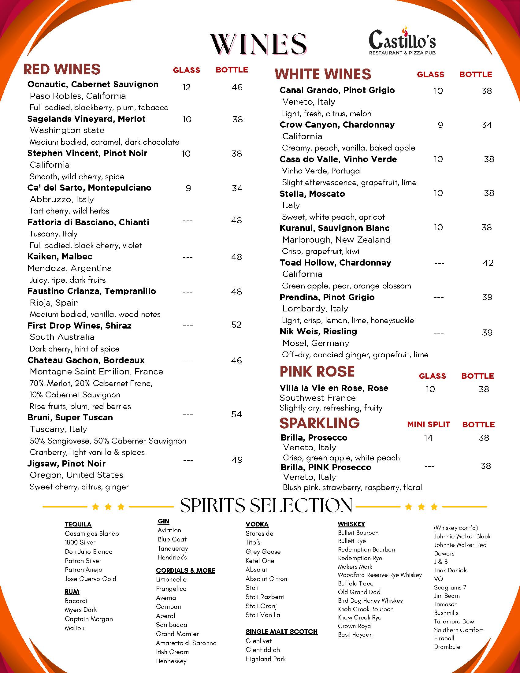 Wine and spirits menu featuring red, white, and rosé wines by glass and bottle, plus a list of available spirits, at Castillo's Mexican restaurant.