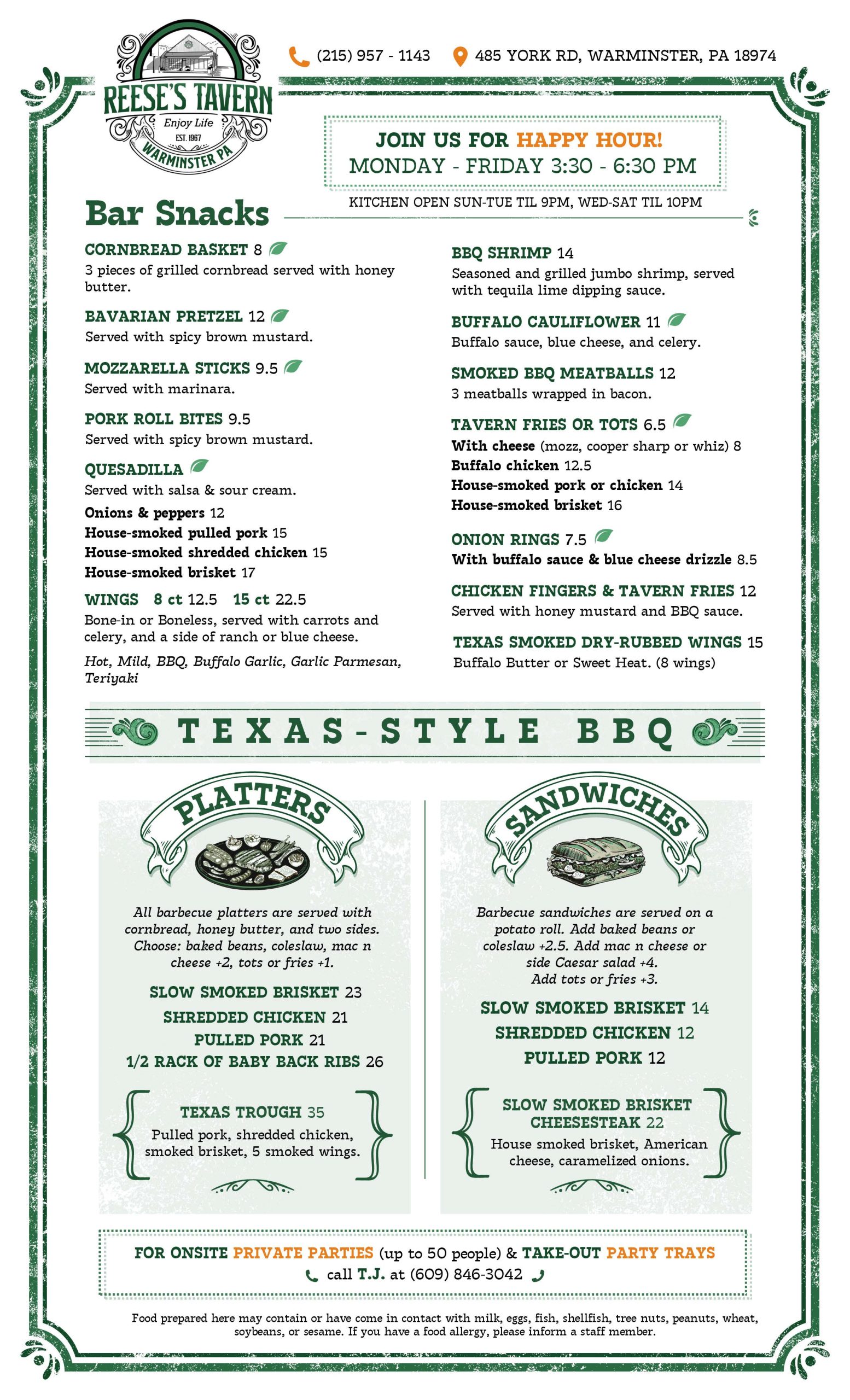 Menu for Reese's Tavern featuring bar snacks, Texas-style BBQ platters, sandwiches, sides, and happy hour details, with sections and prices clearly listed on a green and white layout.