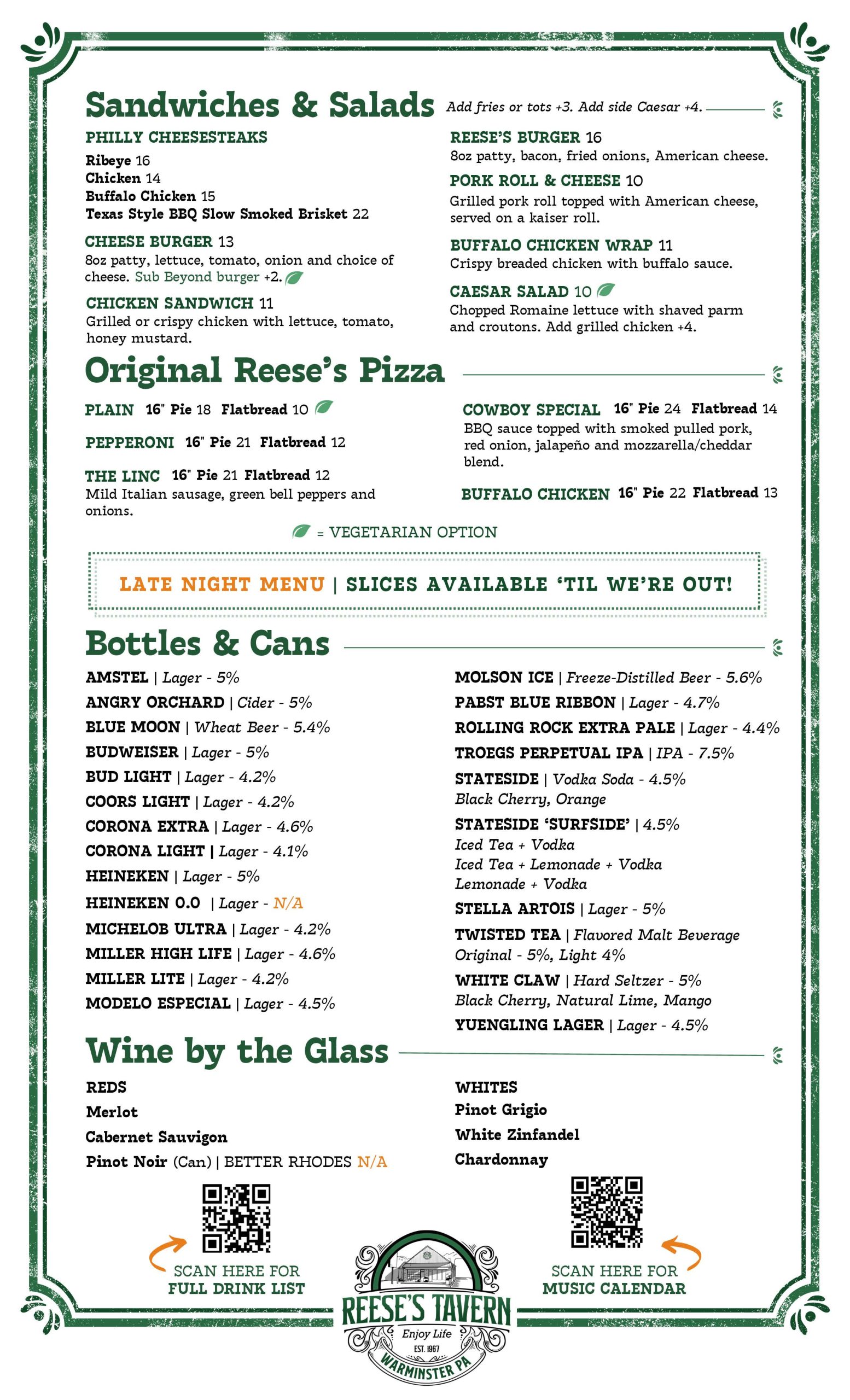 Menu from Reese’s Tavern featuring sandwiches, salads, specialty pizzas, bottles, cans, and wines by the glass, with detailed descriptions and prices for each item.
